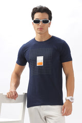 Color Hunt Men's Cotton Navy Half Sleeve Printed Regular Tshirt