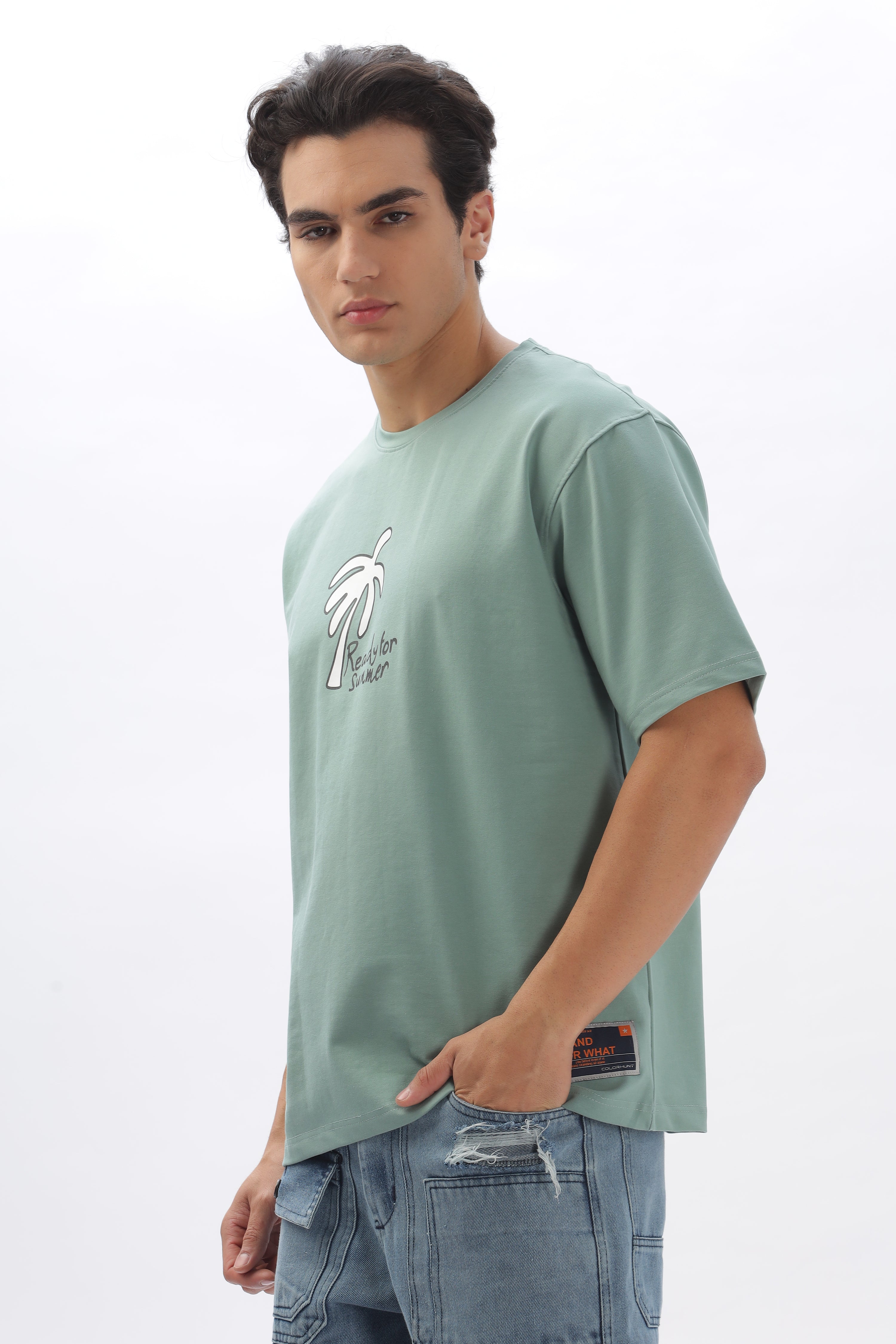 Color Hunt Men's Cotton Light Green Half Sleeve Printed Oversize T-shirt - Colorhunt