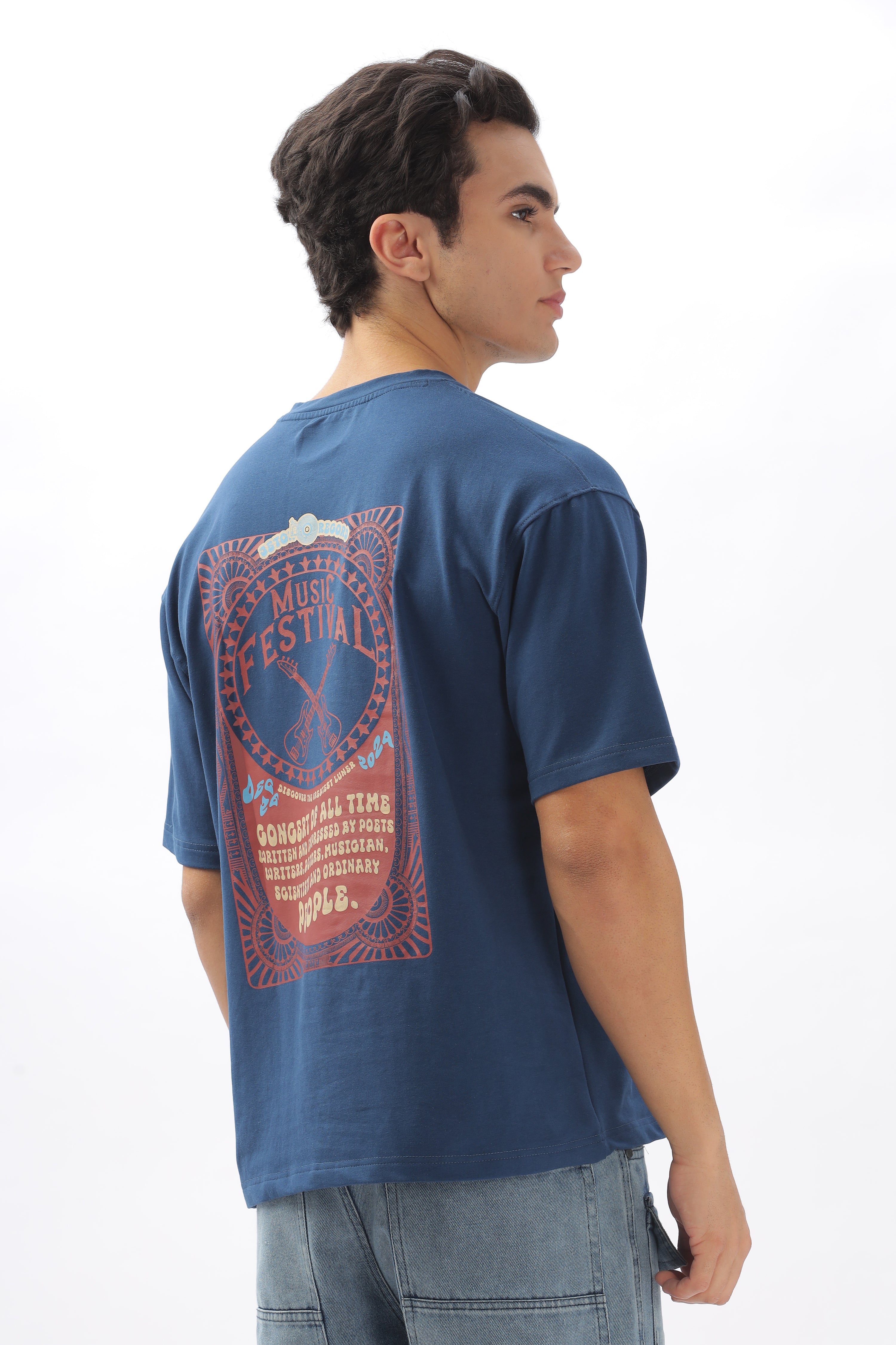 Color Hunt Men's Cotton Blue Half Sleeve Printed Oversize T-shirt - Colorhunt