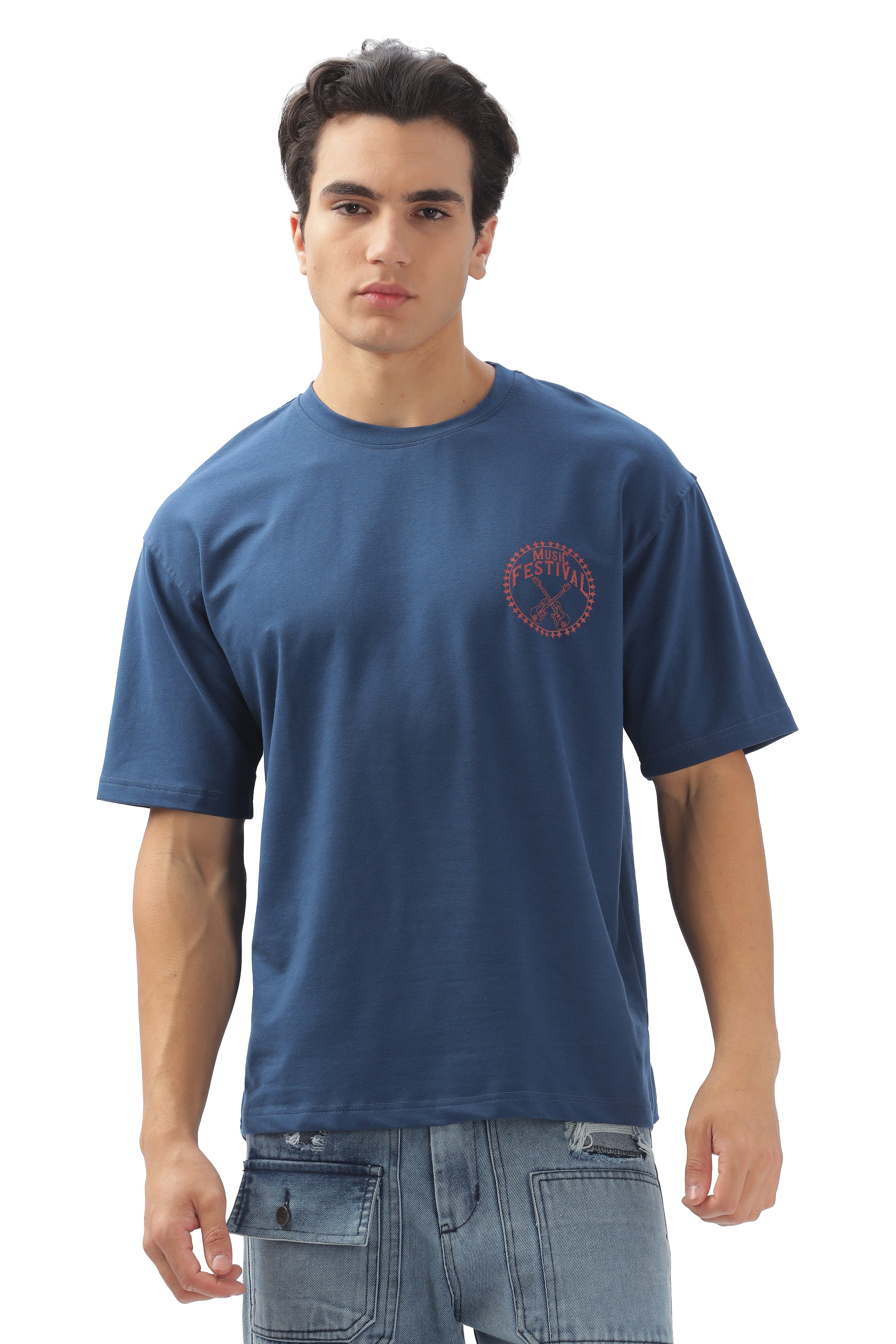 Color Hunt Men's Cotton Blue Half Sleeve Printed Oversize T-shirt - Colorhunt