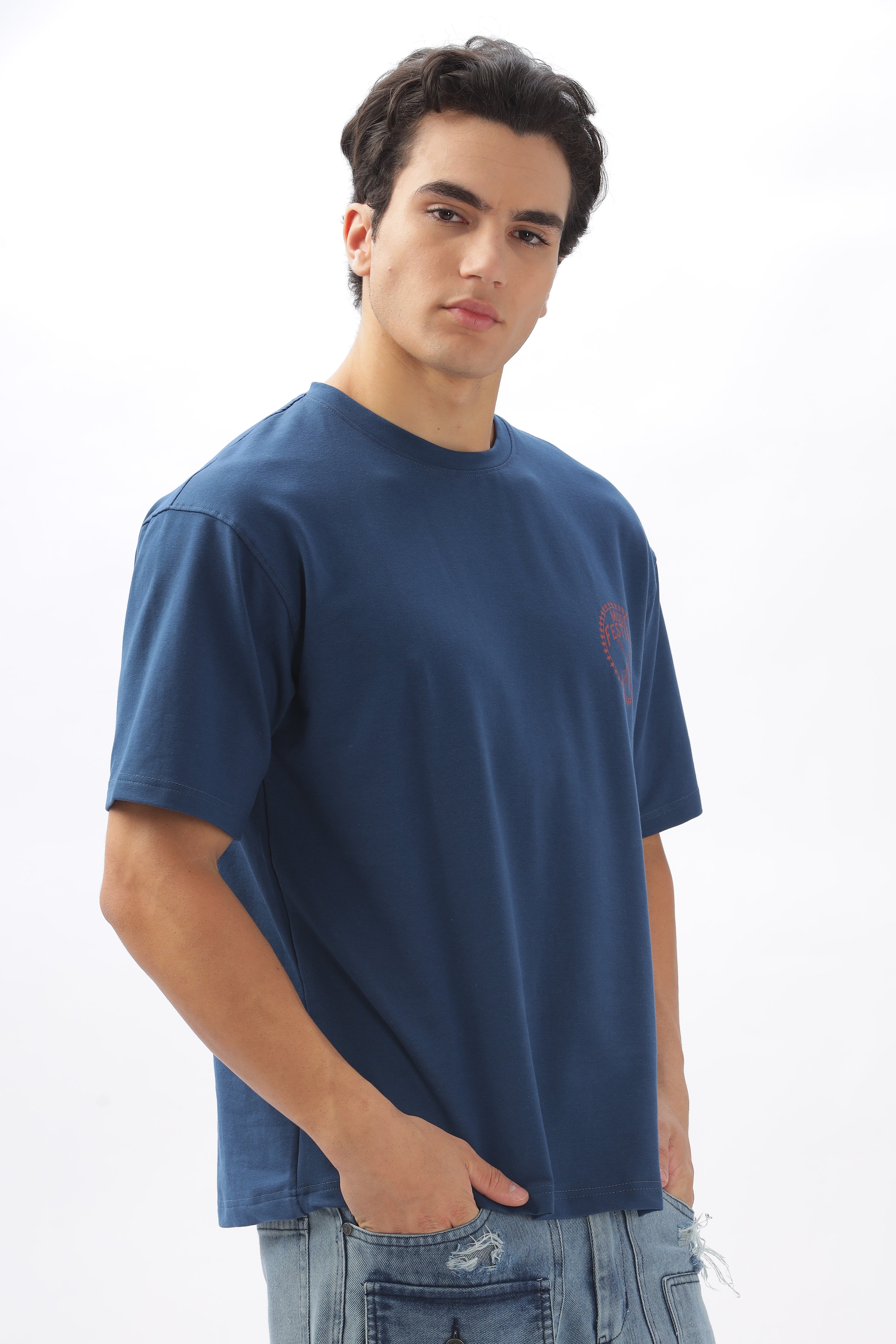 Color Hunt Men's Cotton Blue Half Sleeve Printed Oversize T-shirt - Colorhunt