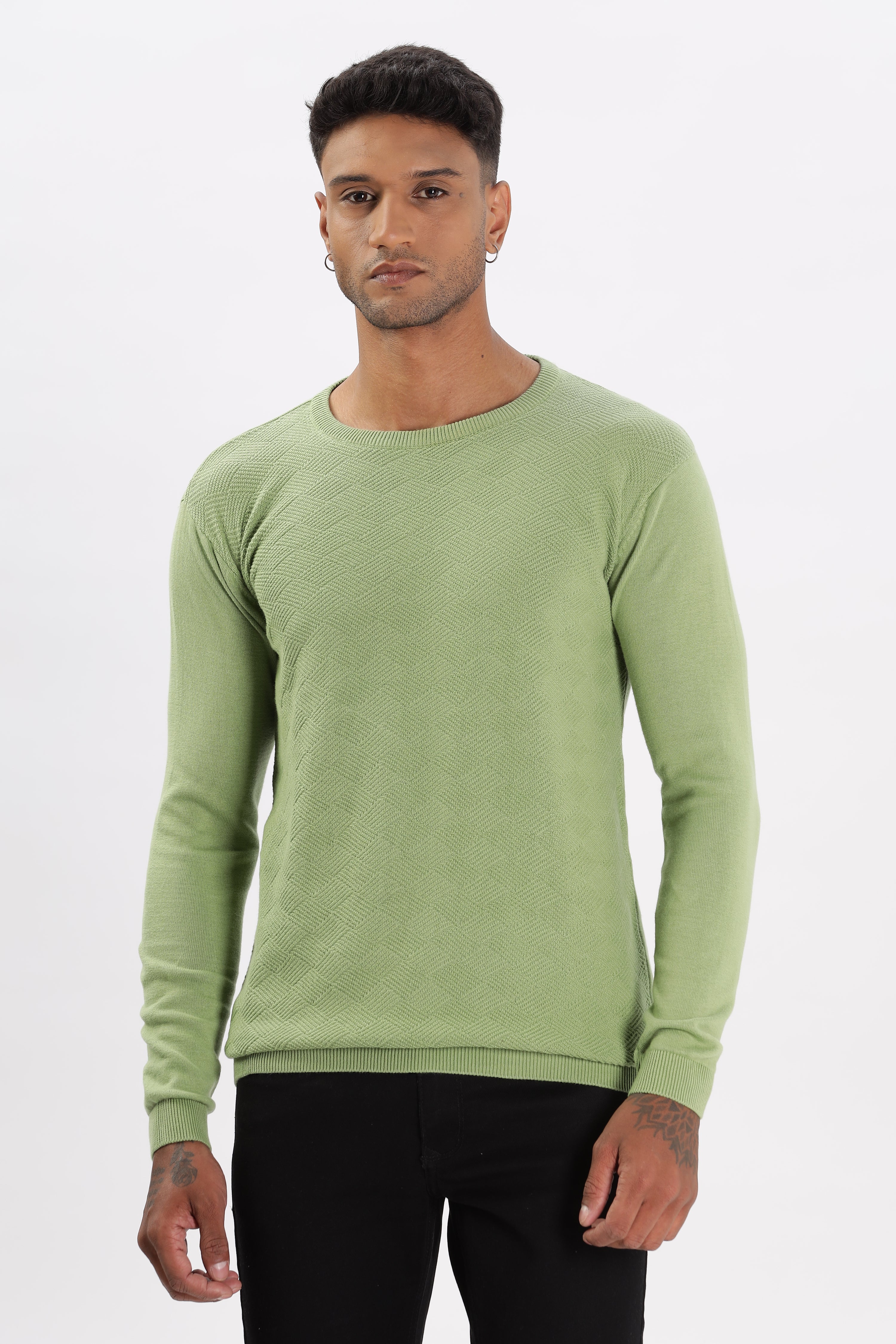 Color Hunt Men's Green Full Sleeve Regular Fit Flat Knit