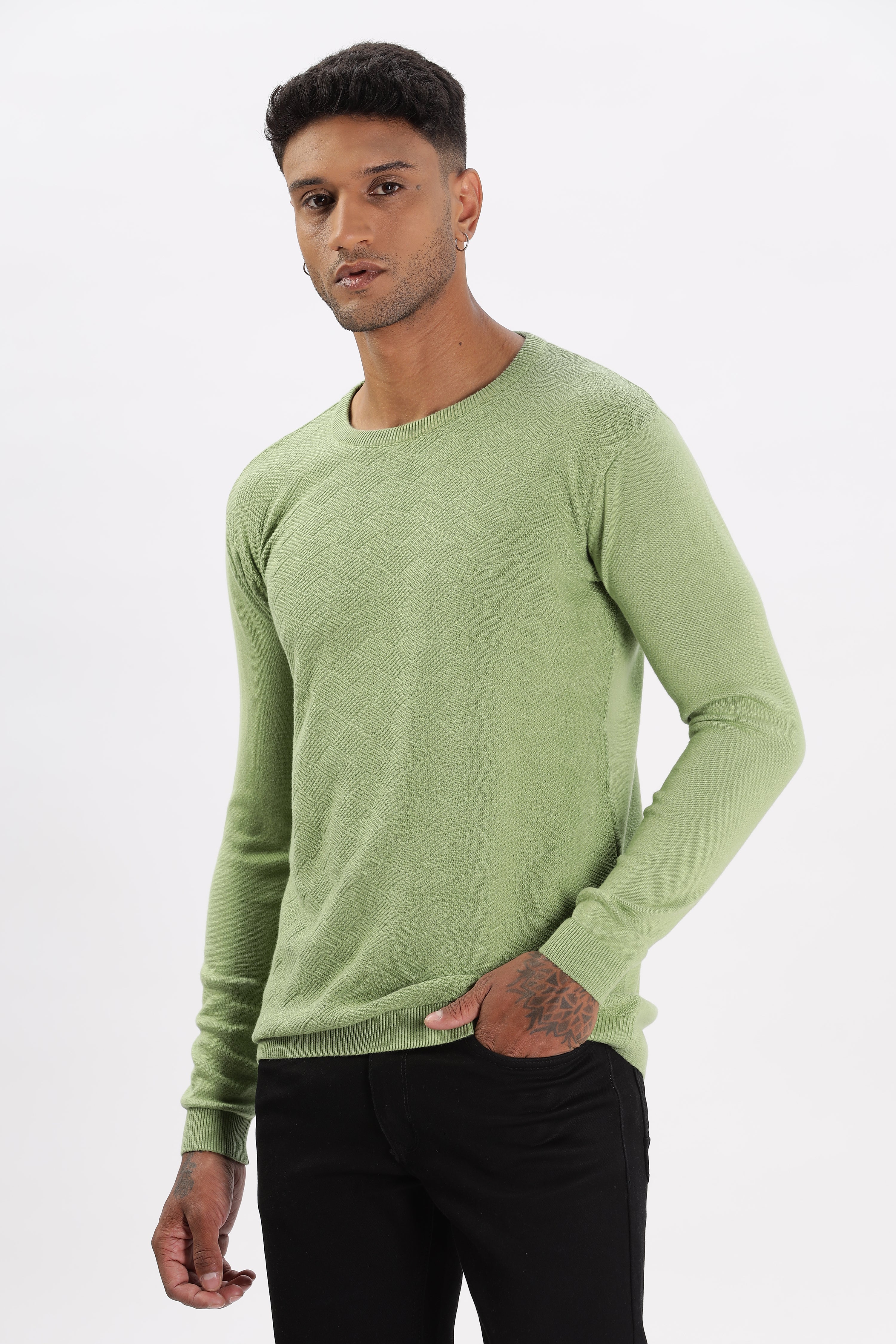 Color Hunt Men's Green Full Sleeve Regular Fit Flat Knit