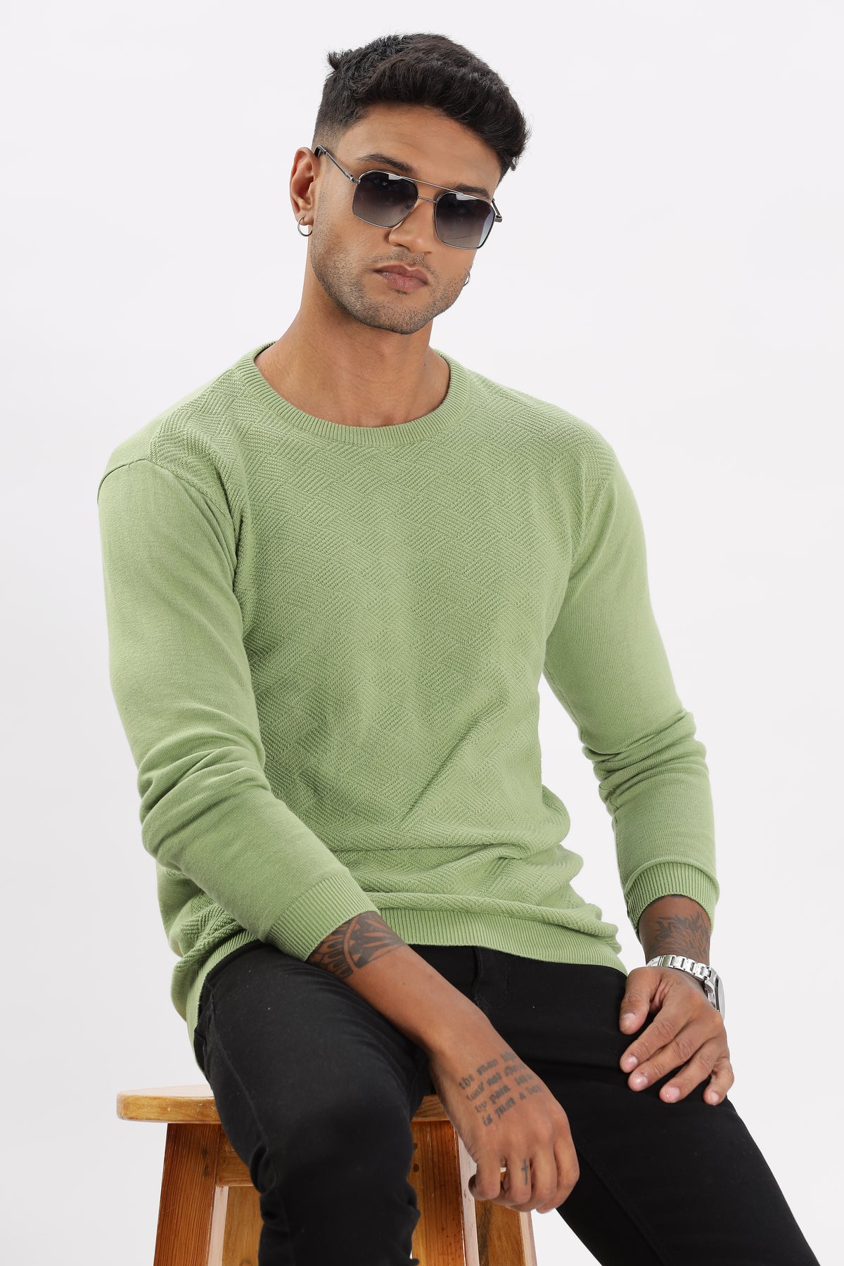 Color Hunt Men's Green Full Sleeve Regular Fit Flat Knit