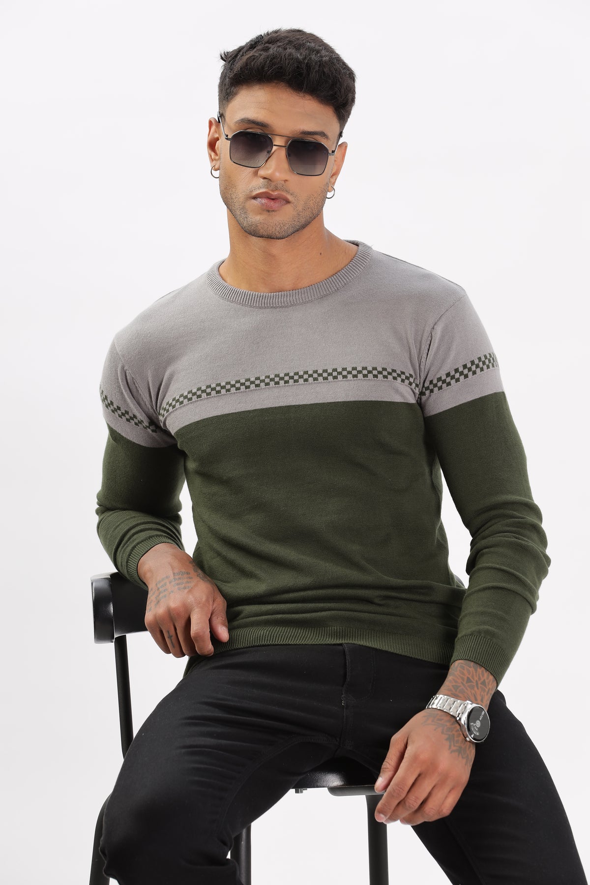 Color Hunt Men's Grey-Olive Full Sleeve Regular Fit Flat Knit