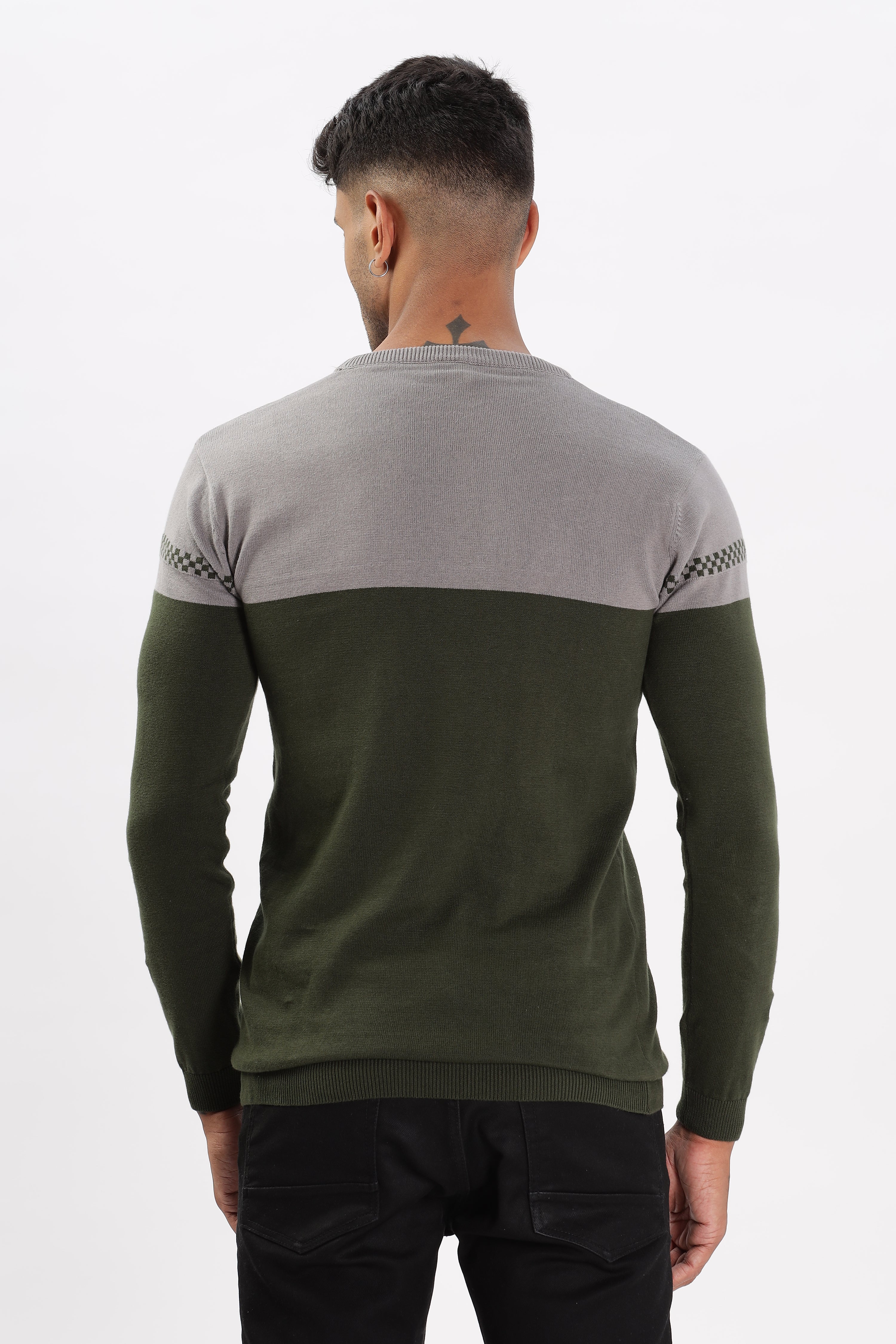 Color Hunt Men's Grey-Olive Full Sleeve Regular Fit Flat Knit