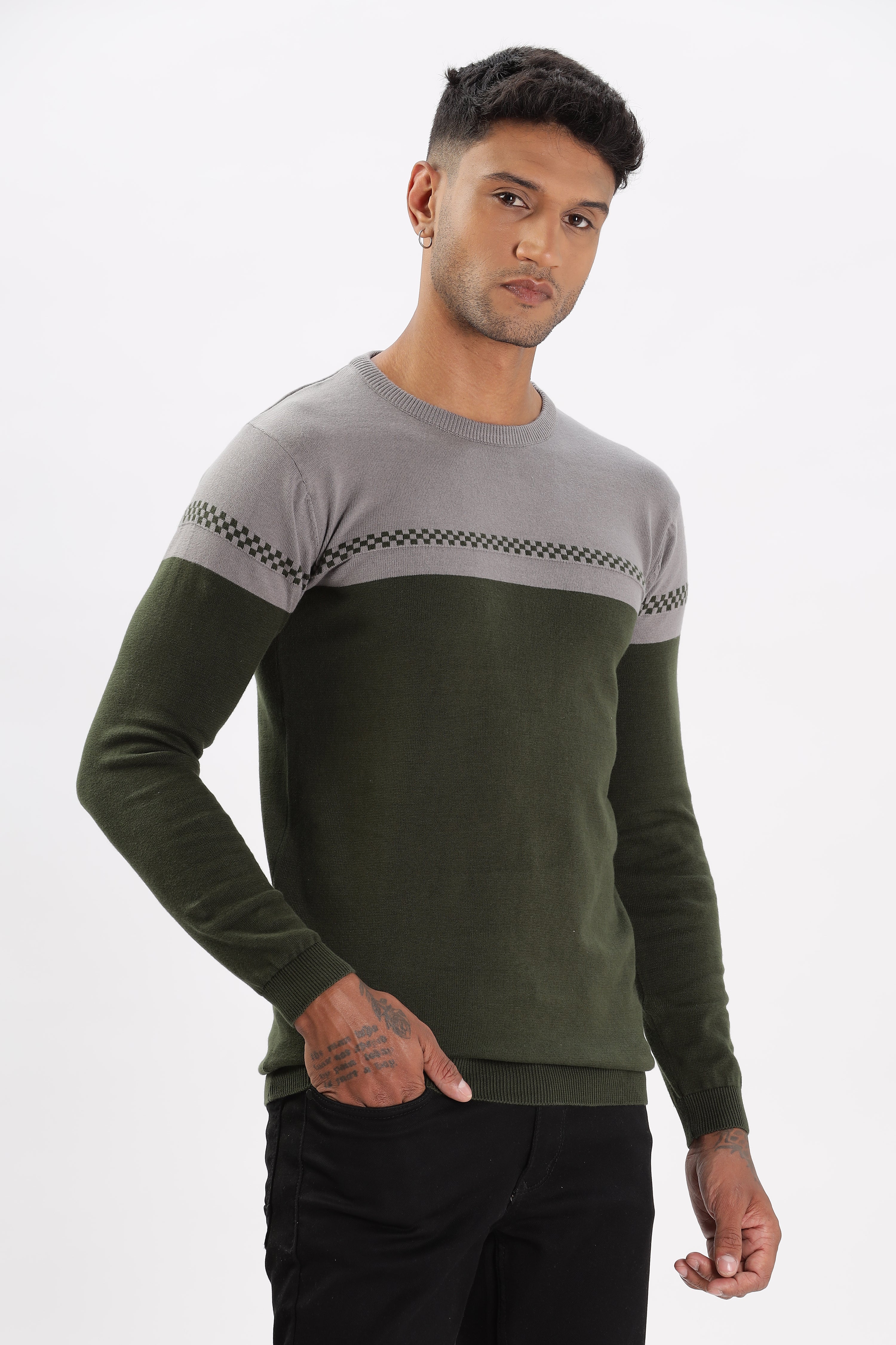 Color Hunt Men's Grey-Olive Full Sleeve Regular Fit Flat Knit