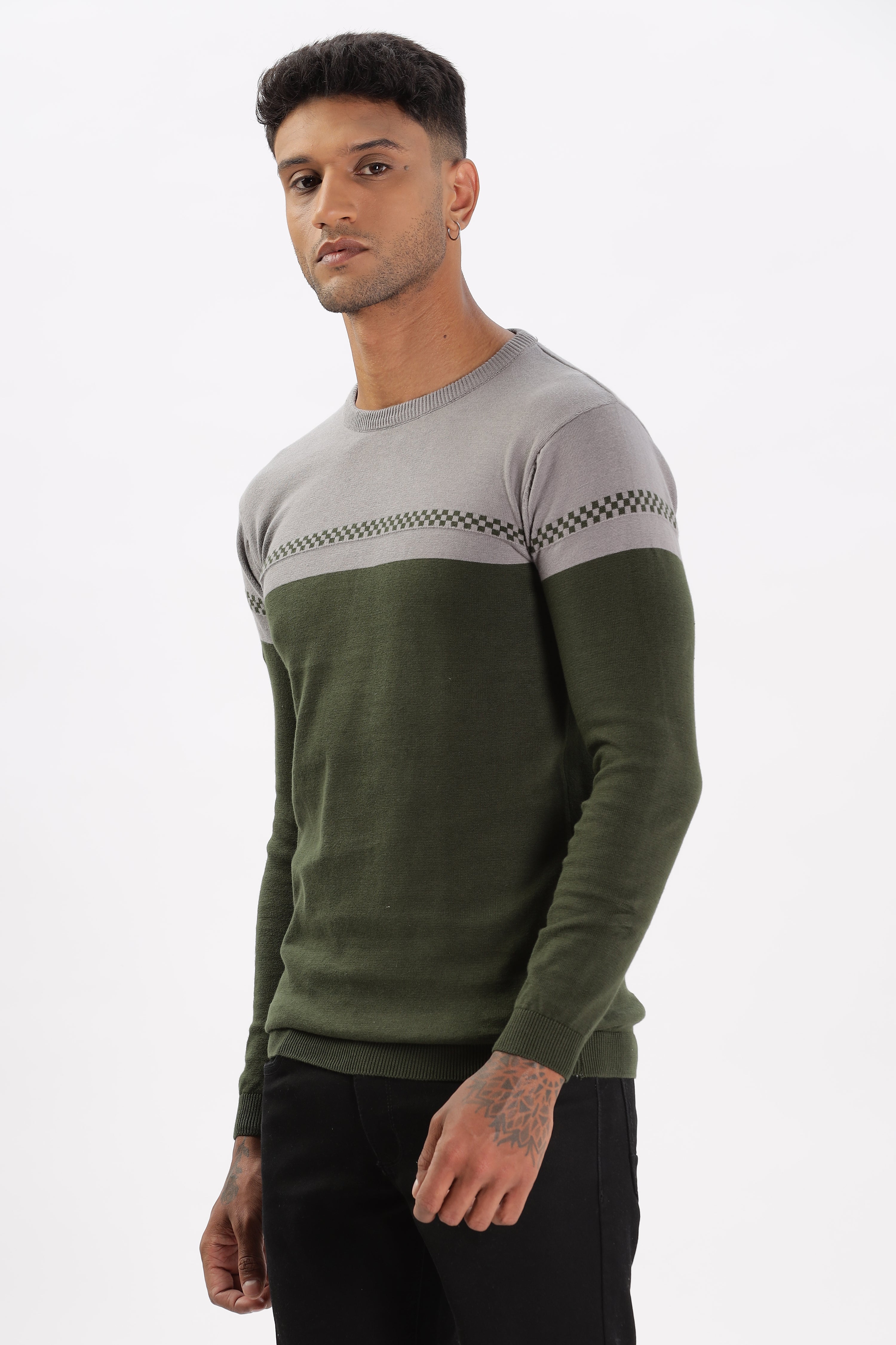 Color Hunt Men's Grey-Olive Full Sleeve Regular Fit Flat Knit