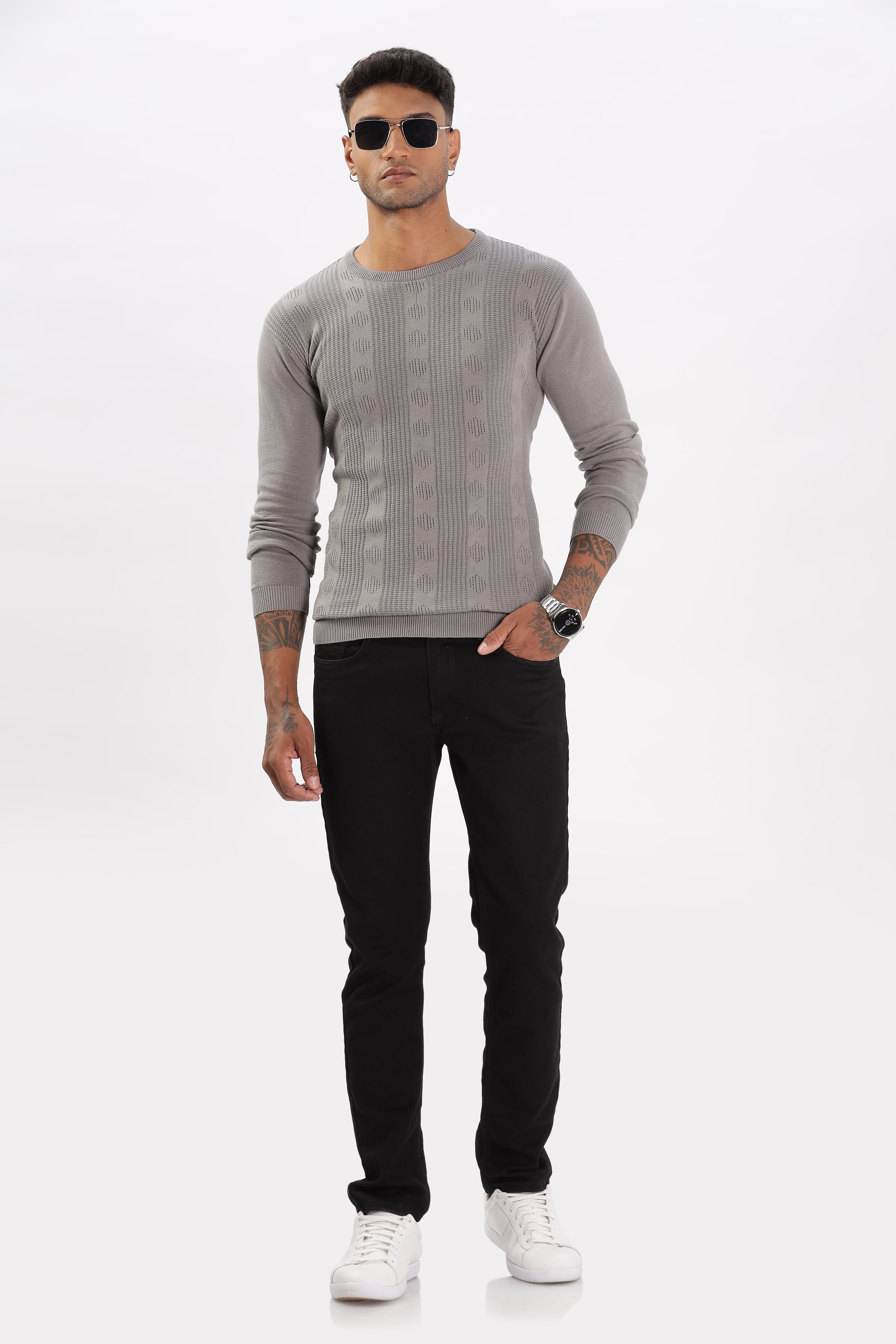 Color Hunt Men's Grey Full Sleeve Regular Fit Flat Knit