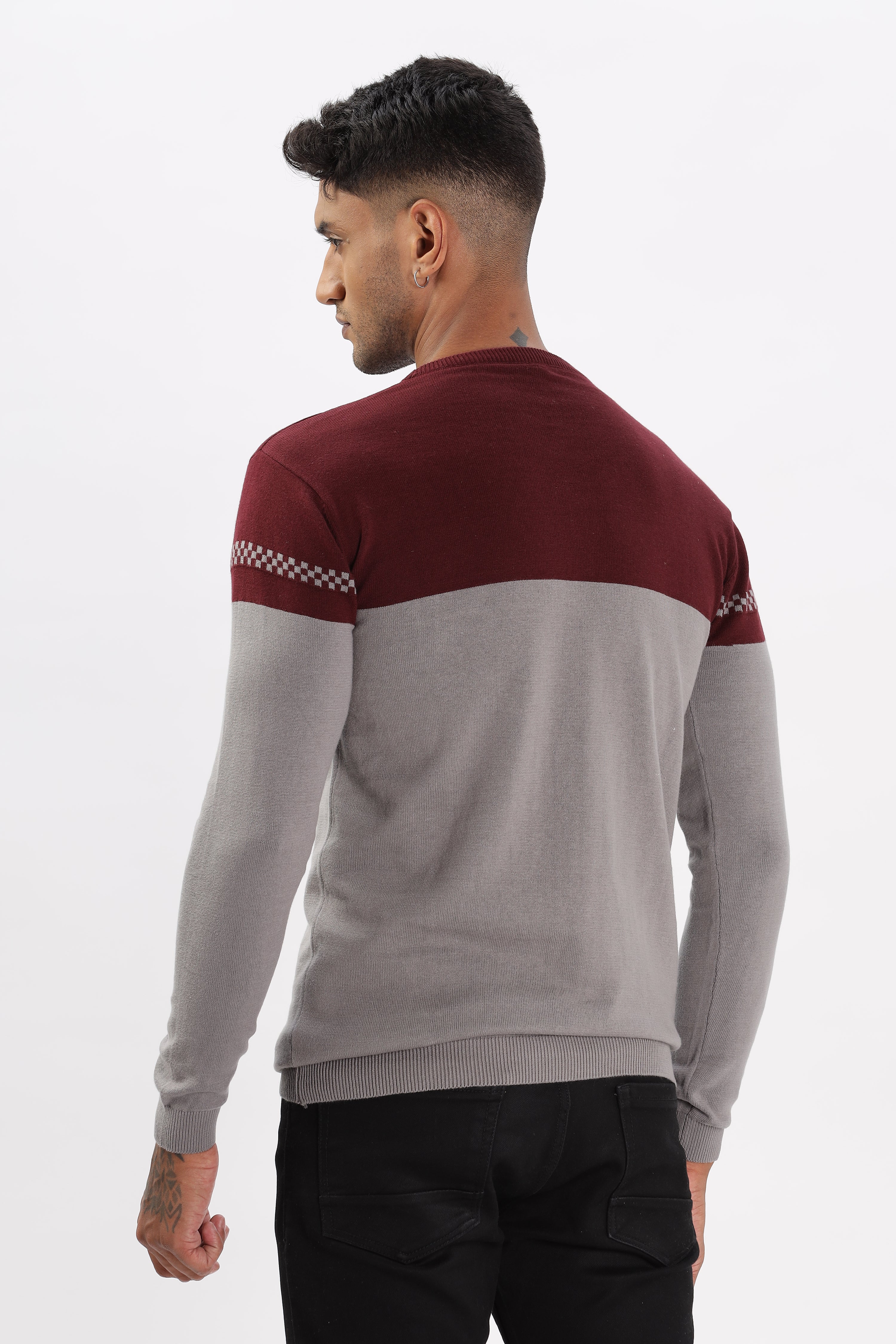 Color Hunt Men's Maroon-Grey Full Sleeve Regular Fit Flat Knit