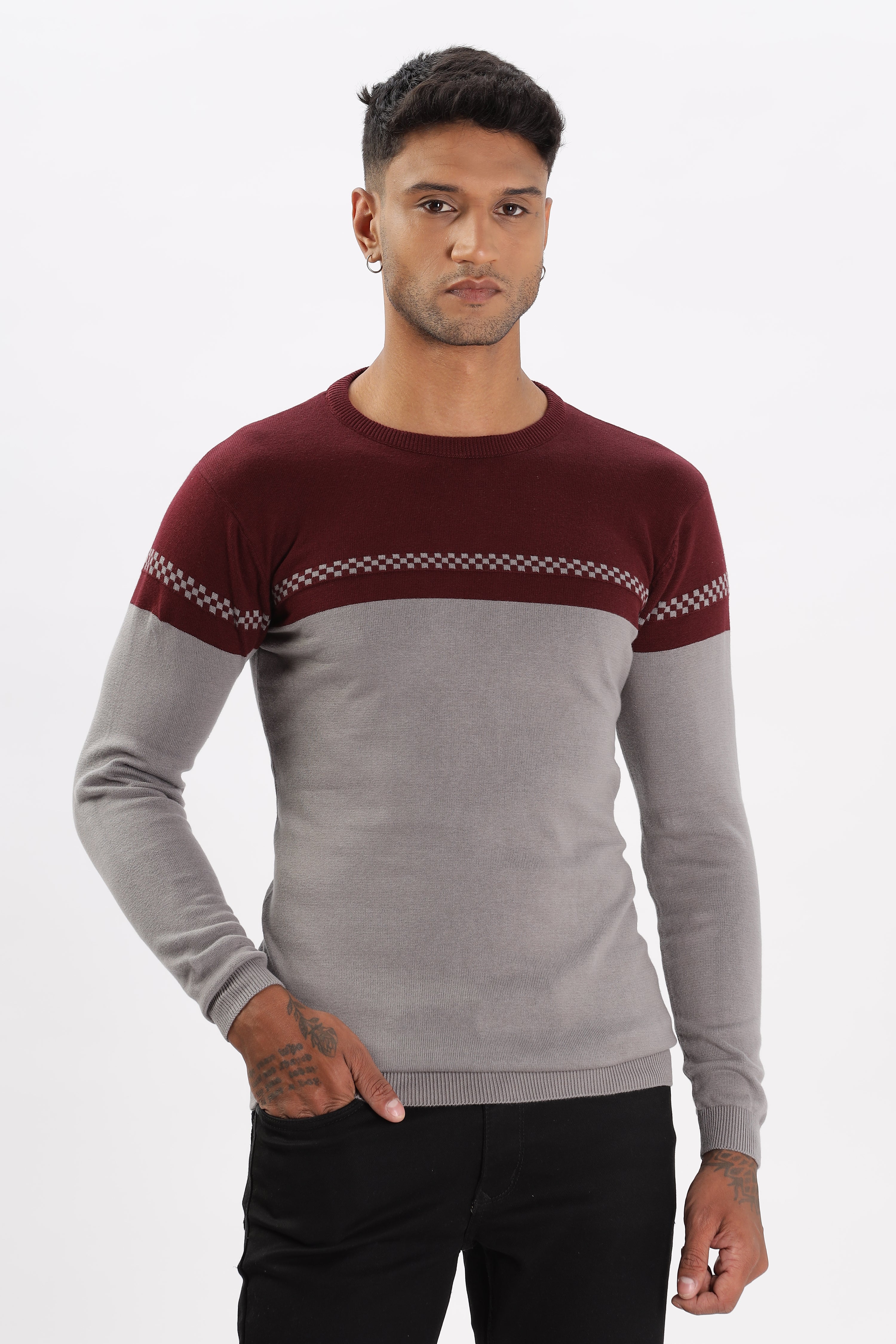 Color Hunt Men's Maroon-Grey Full Sleeve Regular Fit Flat Knit