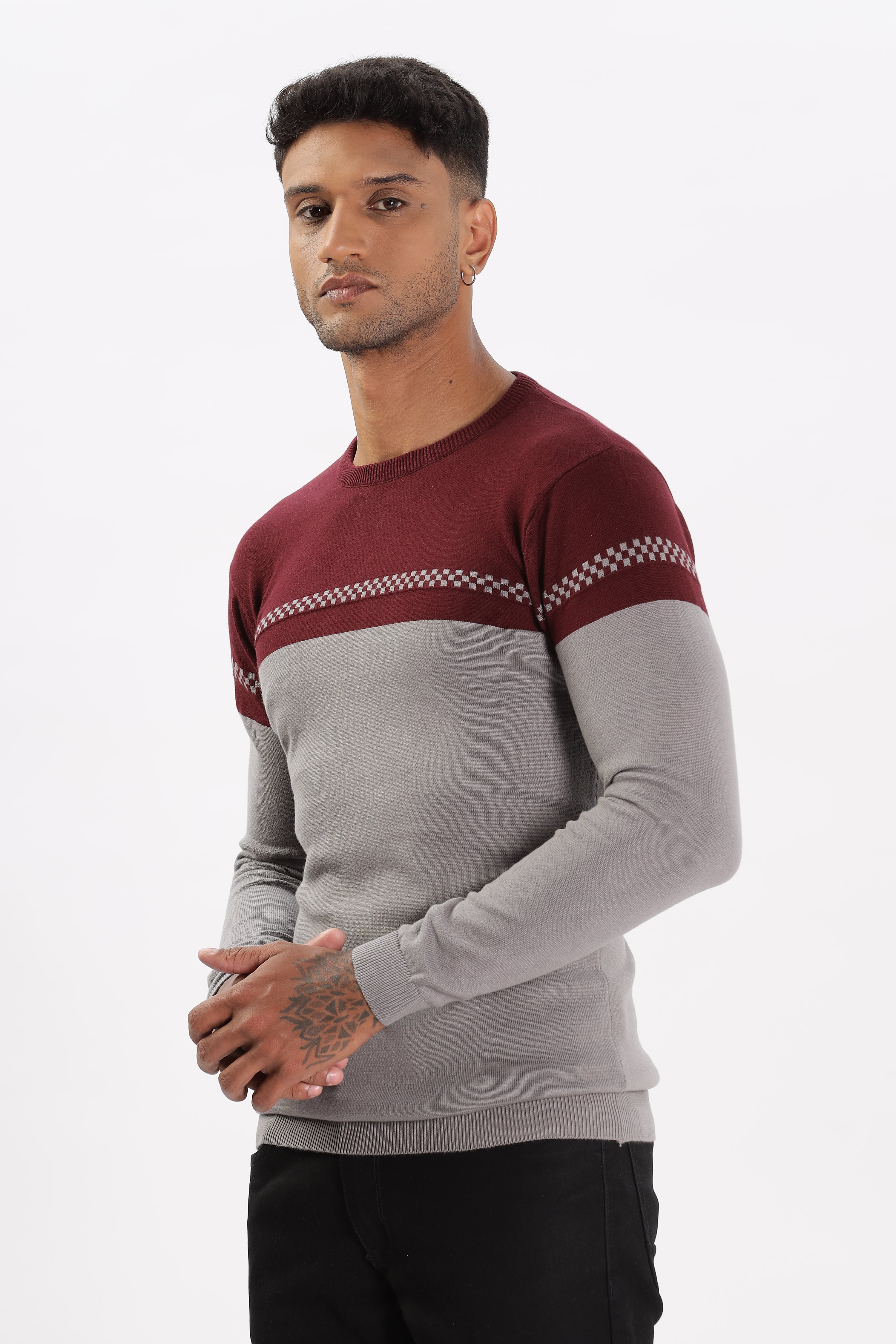 Color Hunt Men's Maroon-Grey Full Sleeve Regular Fit Flat Knit