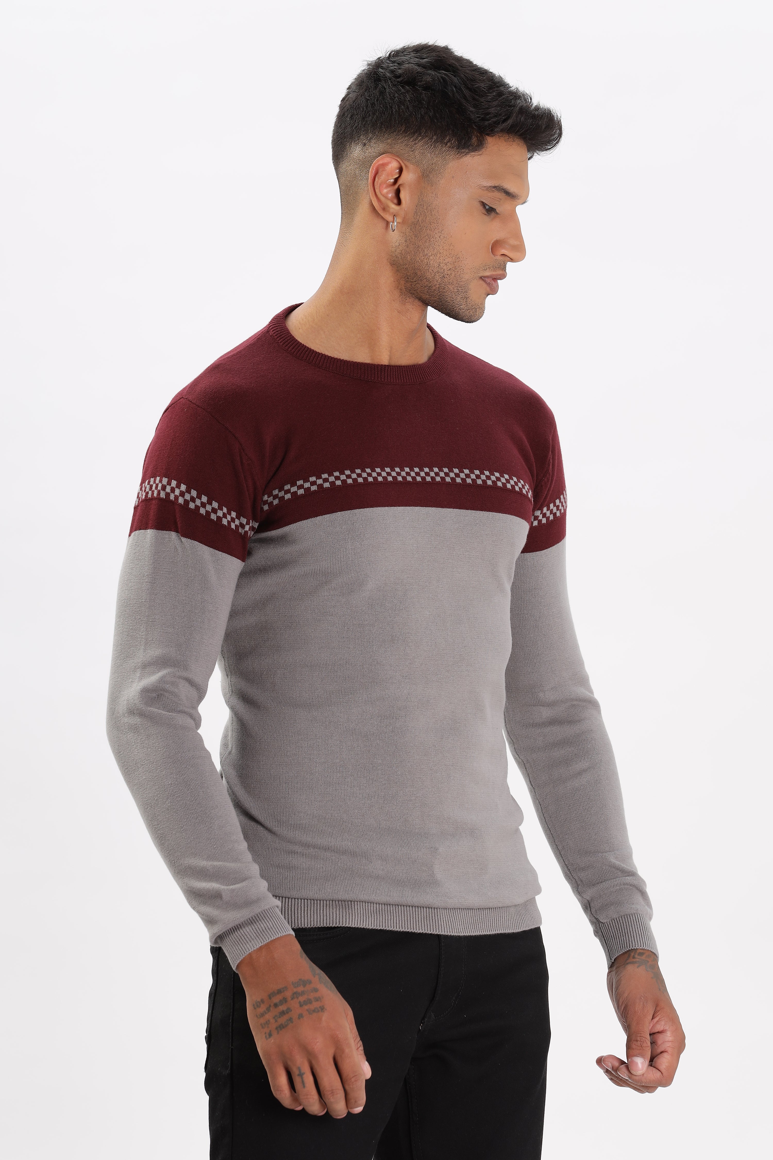 Color Hunt Men's Maroon-Grey Full Sleeve Regular Fit Flat Knit