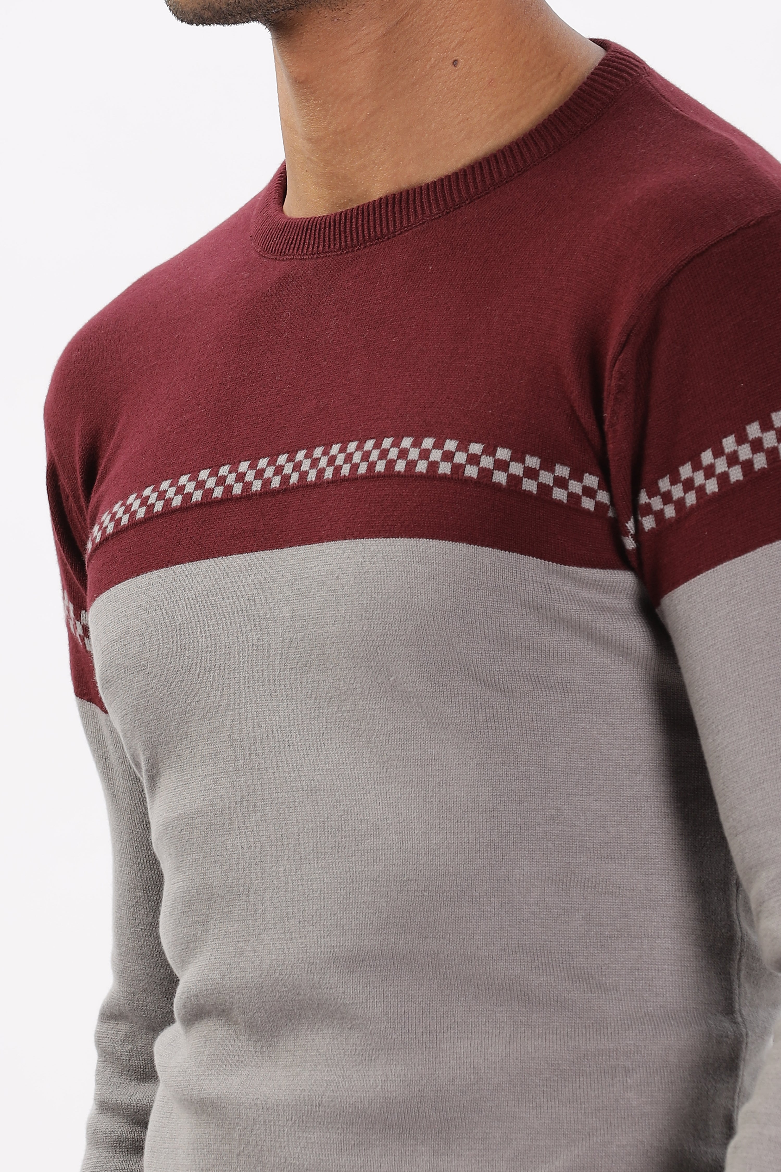 Color Hunt Men's Maroon-Grey Full Sleeve Regular Fit Flat Knit