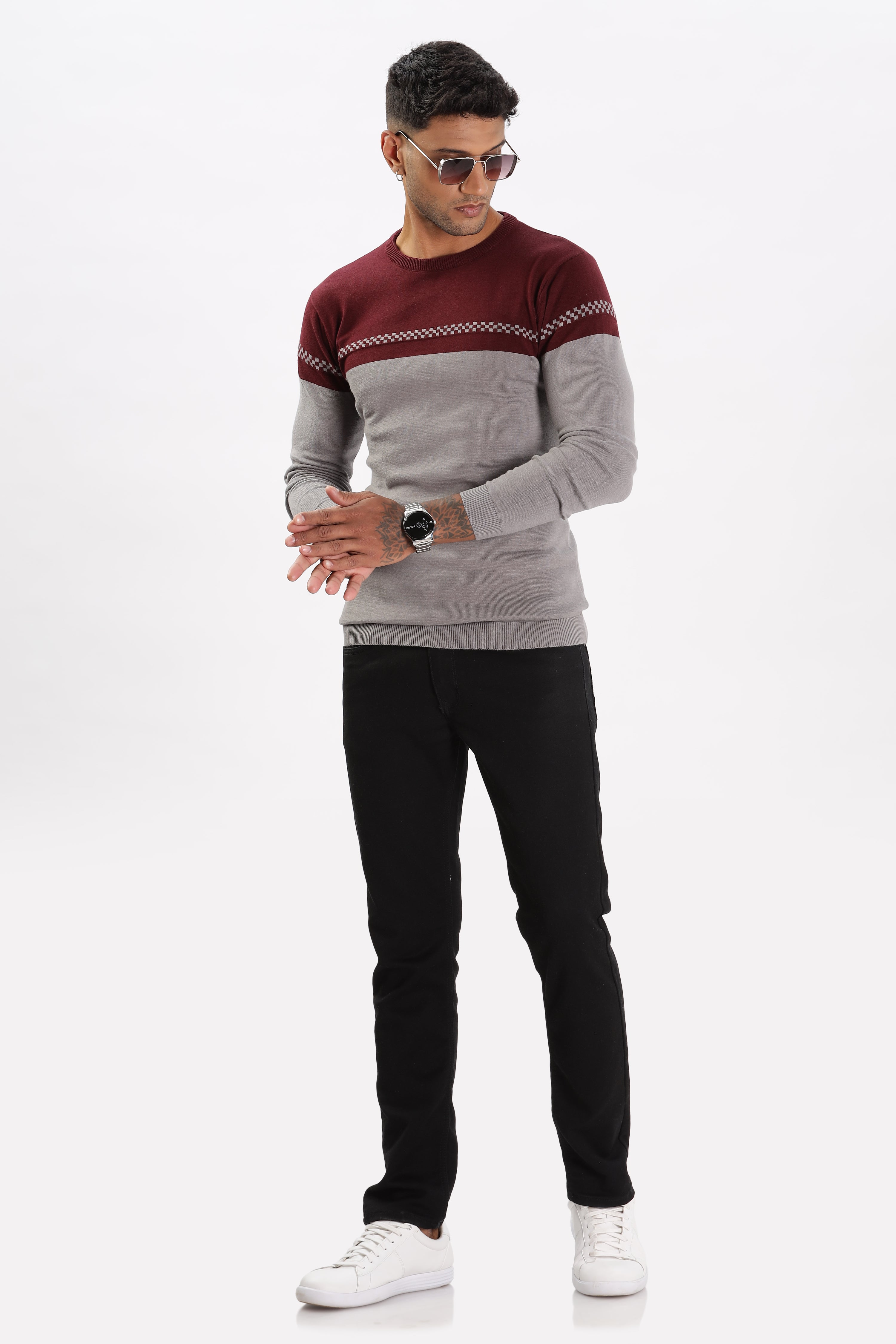 Color Hunt Men's Maroon-Grey Full Sleeve Regular Fit Flat Knit