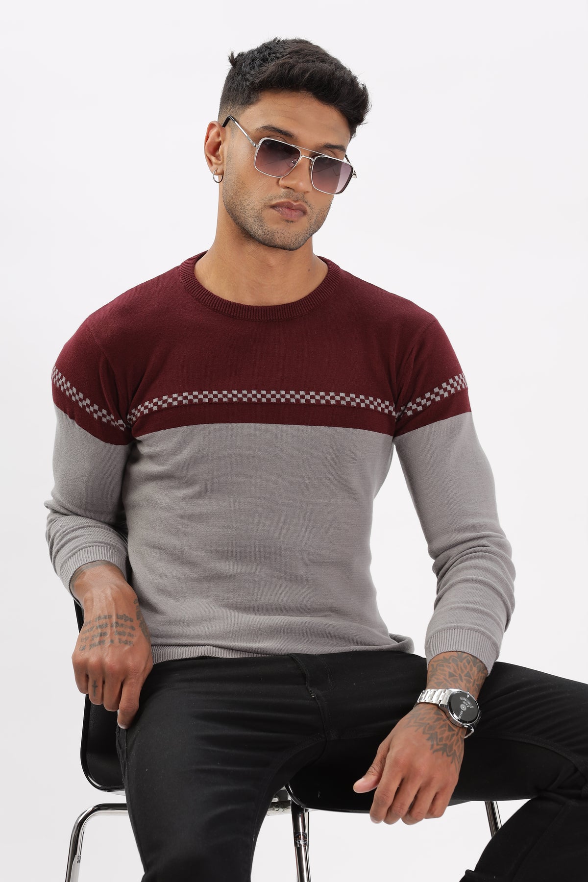 Color Hunt Men's Maroon-Grey Full Sleeve Regular Fit Flat Knit