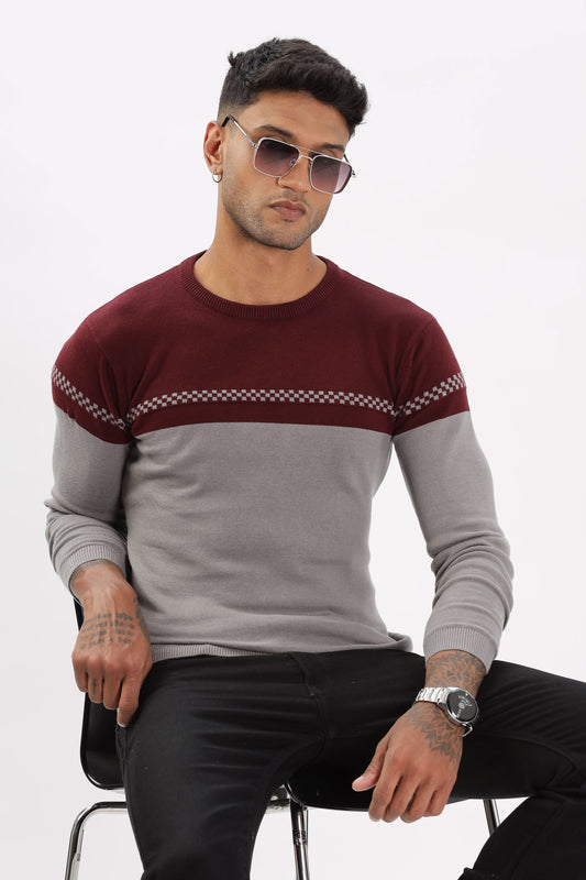 Color Hunt Men's Maroon-Grey Full Sleeve Regular Fit Flat Knit - Colorhunt