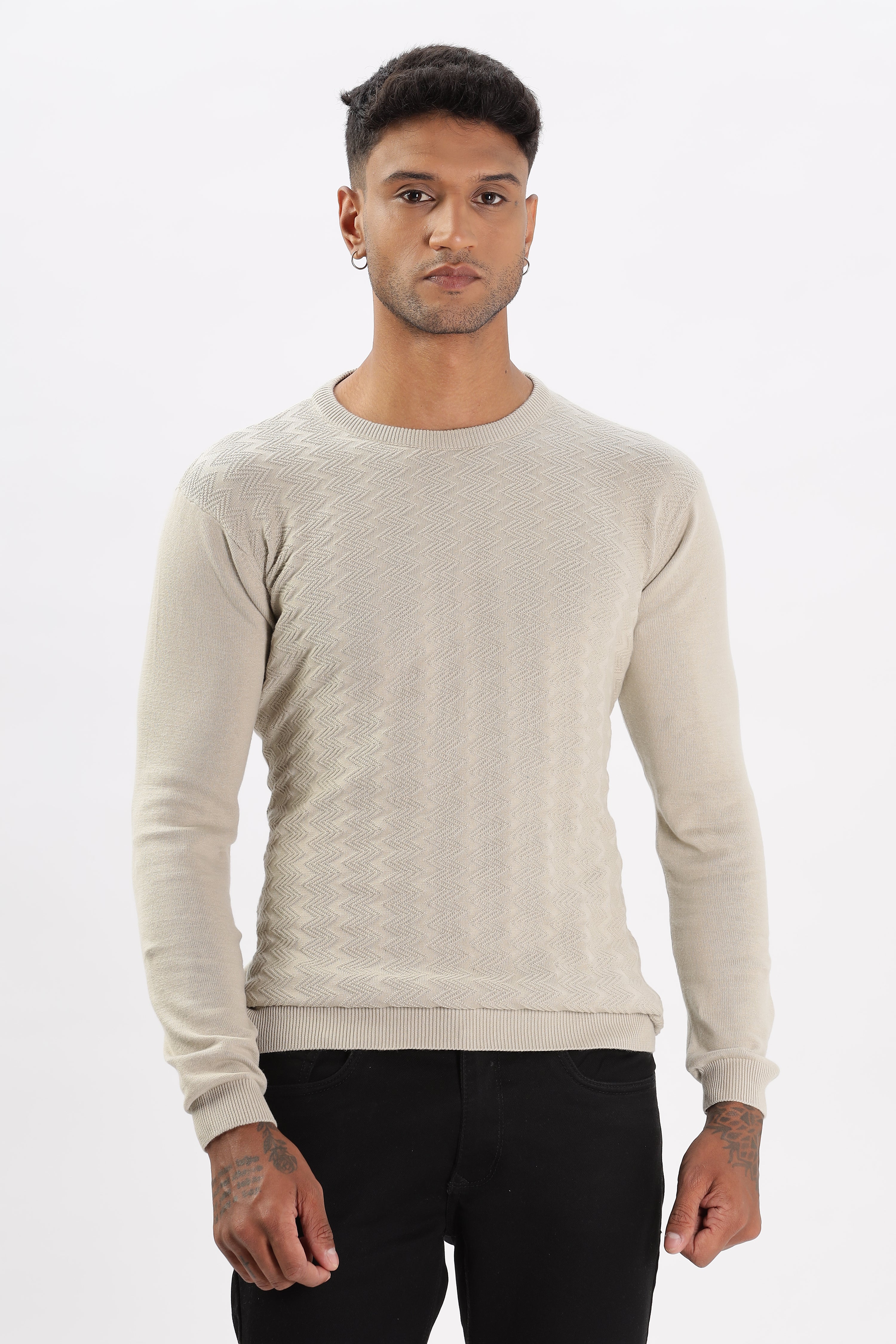 Color Hunt Men's Cream Full Sleeve Regular Fit Flat Knit