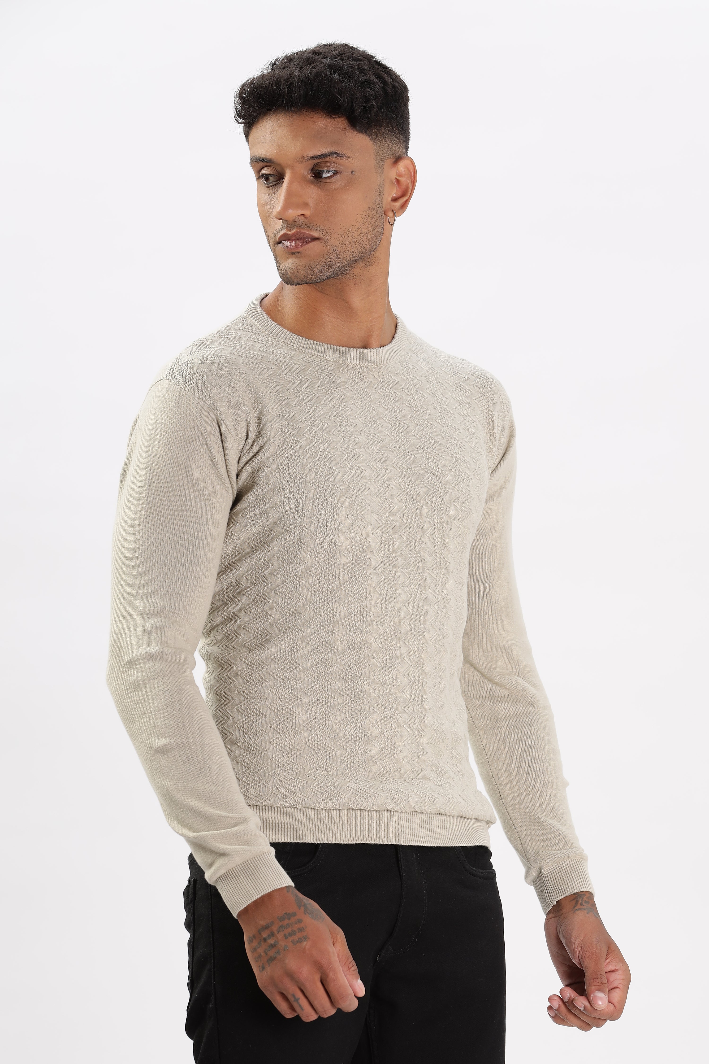 Color Hunt Men's Cream Full Sleeve Regular Fit Flat Knit - Colorhunt