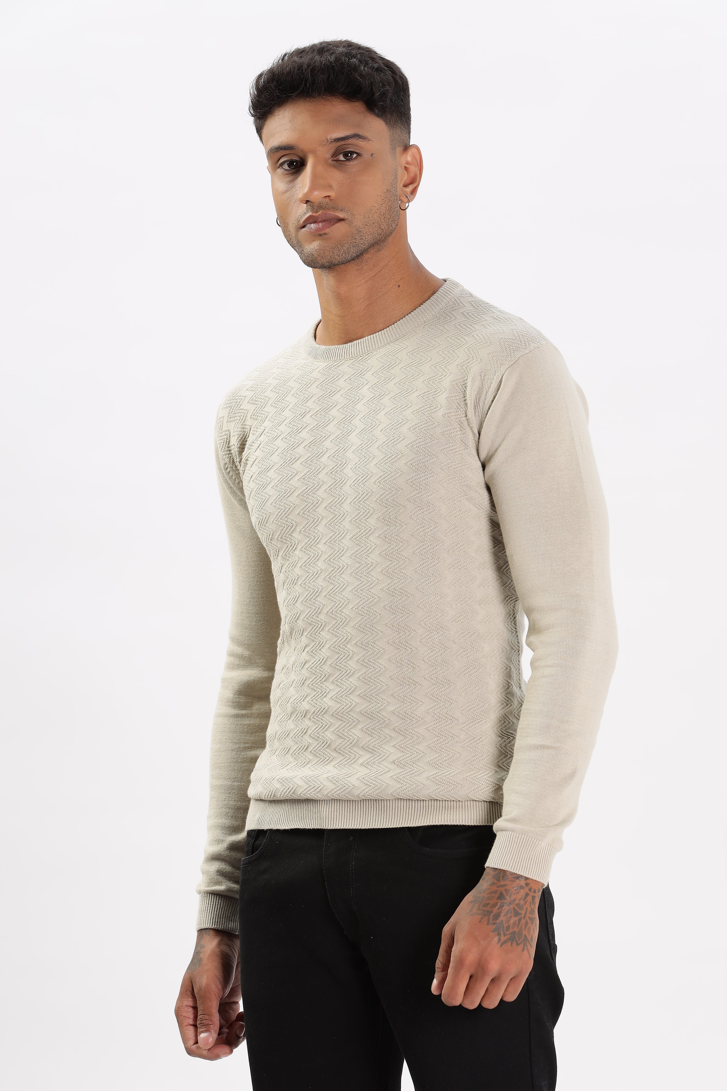 Color Hunt Men's Cream Full Sleeve Regular Fit Flat Knit - Colorhunt