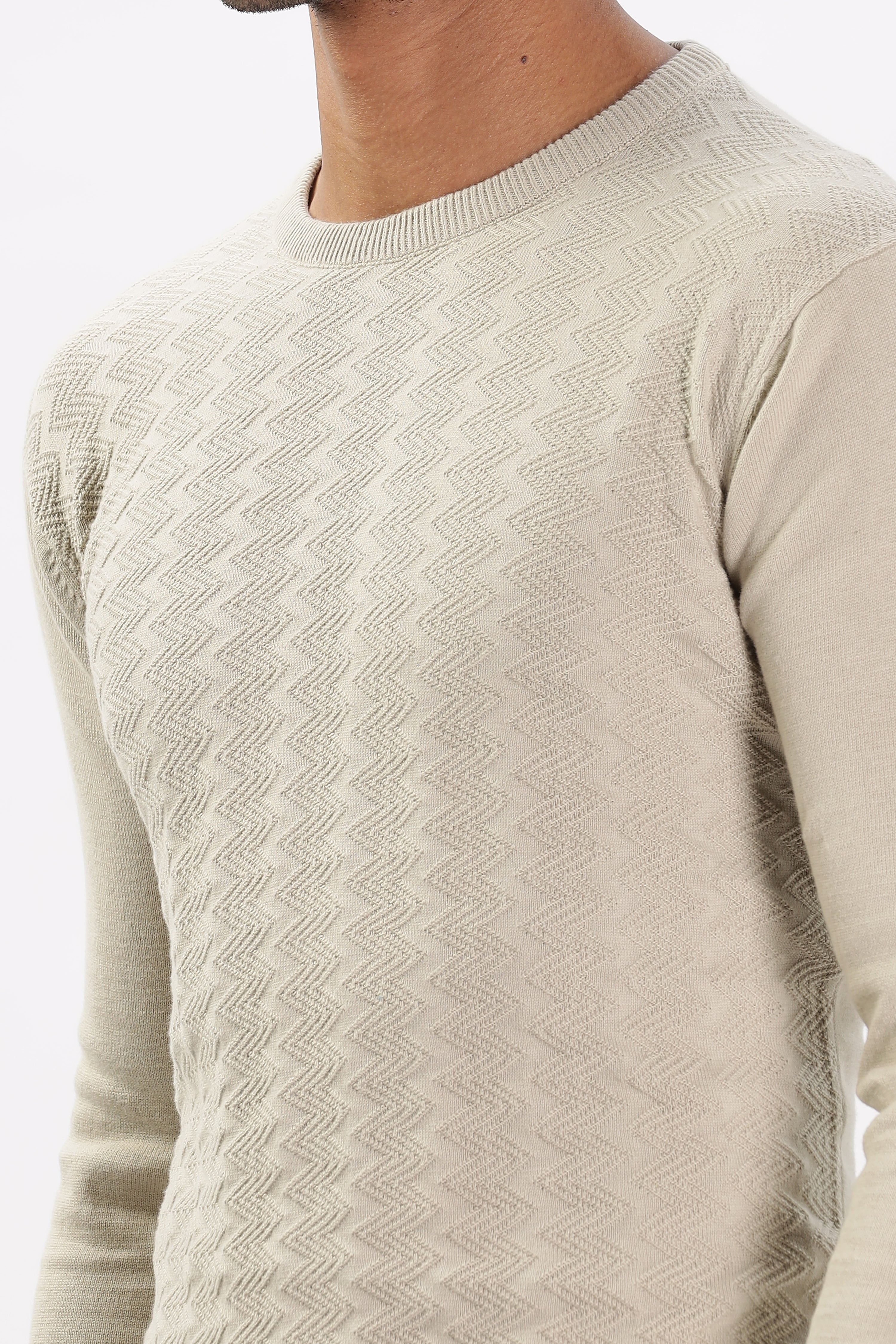 Color Hunt Men's Cream Full Sleeve Regular Fit Flat Knit