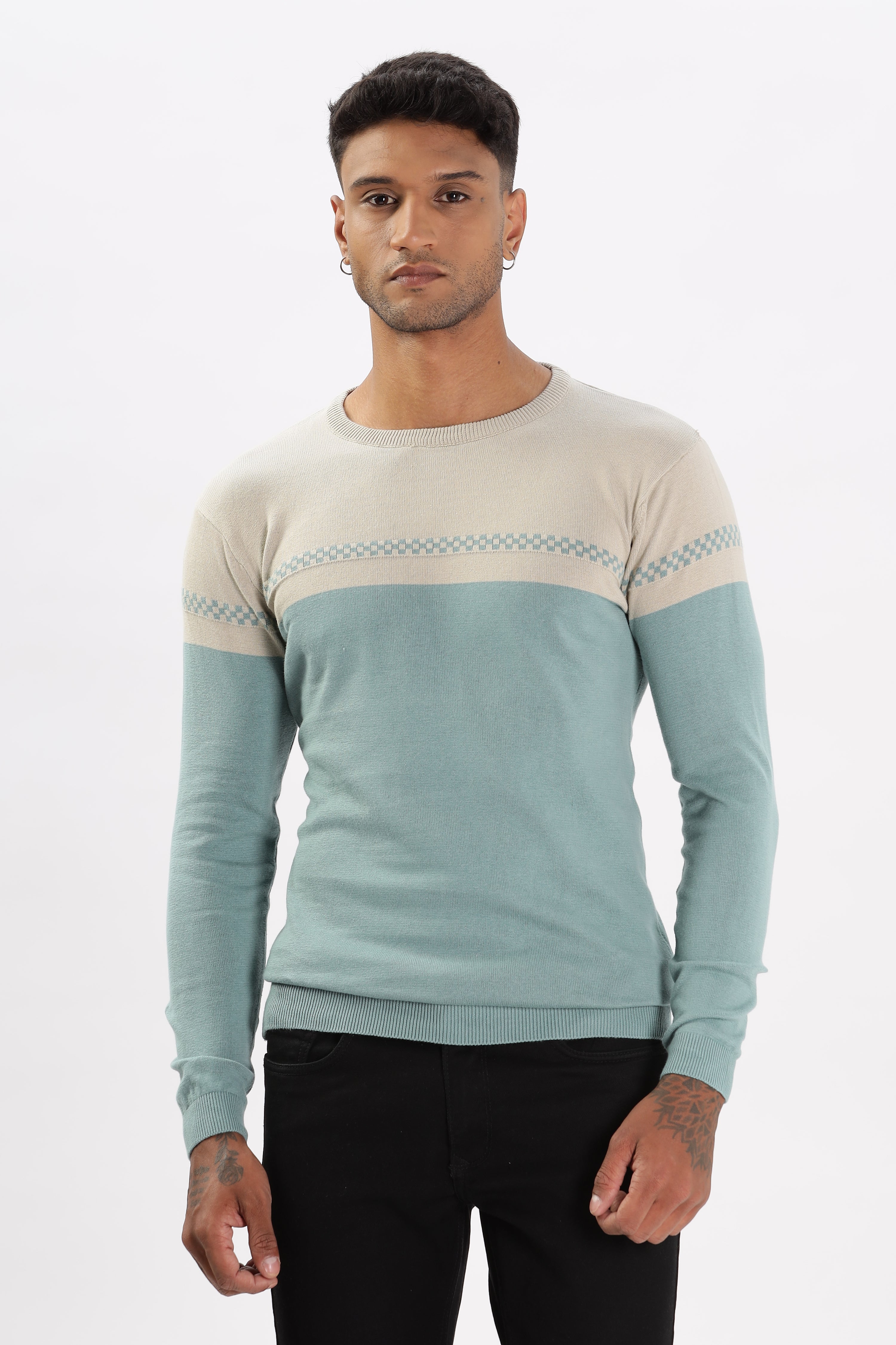 Color Hunt Men's Grey-Sea Green Full Sleeve Regular Fit Flat Knit