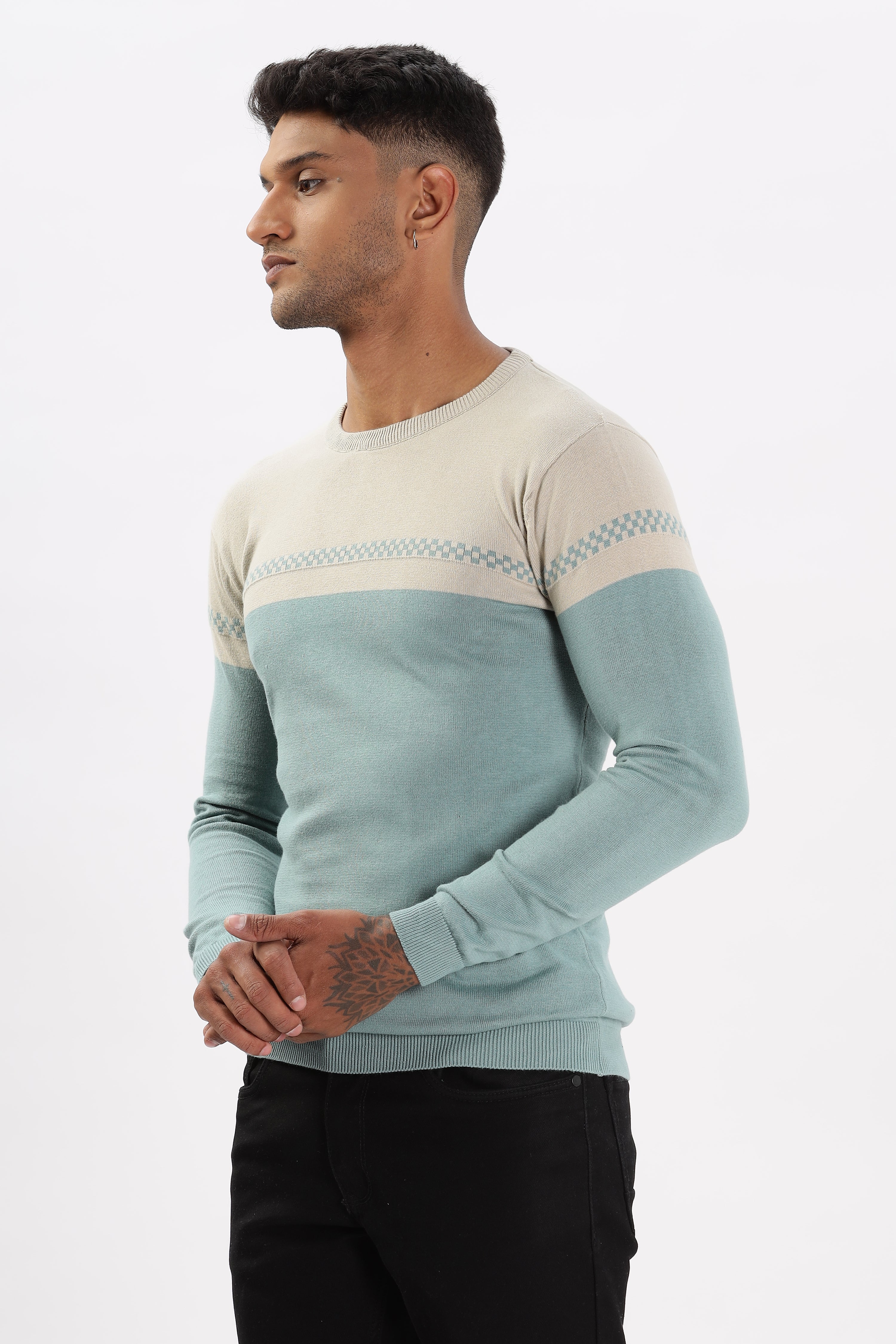 Color Hunt Men's Grey-Sea Green Full Sleeve Regular Fit Flat Knit