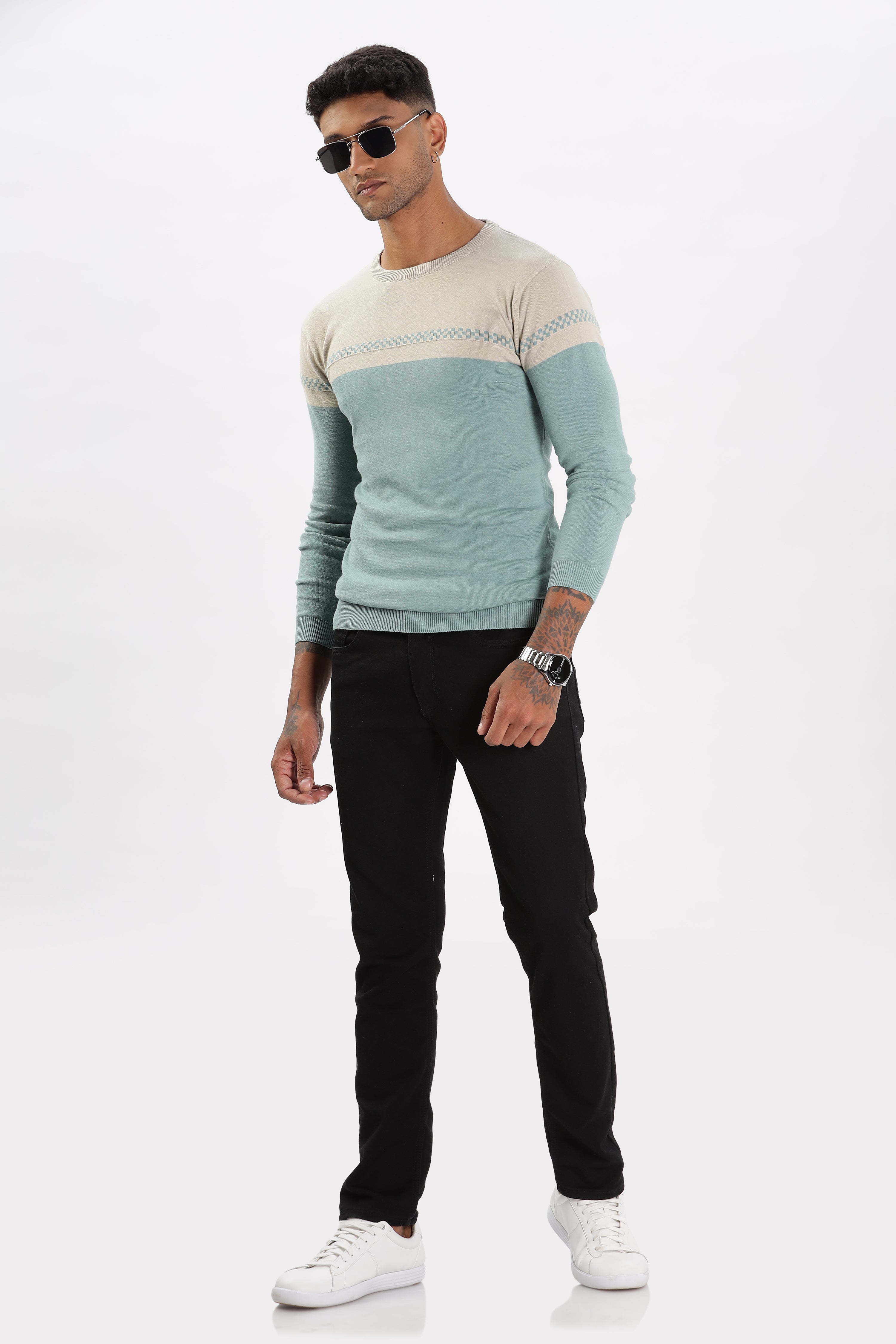 Color Hunt Men's Grey-Sea Green Full Sleeve Regular Fit Flat Knit