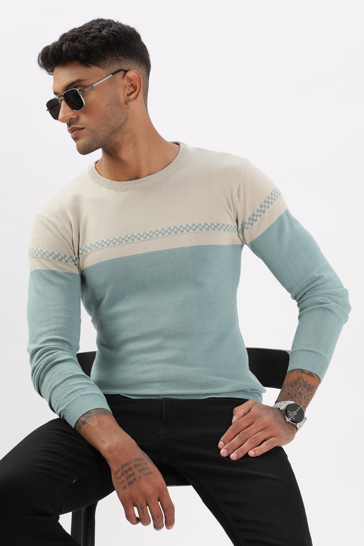 Color Hunt Men's Grey-Sea Green Full Sleeve Regular Fit Flat Knit