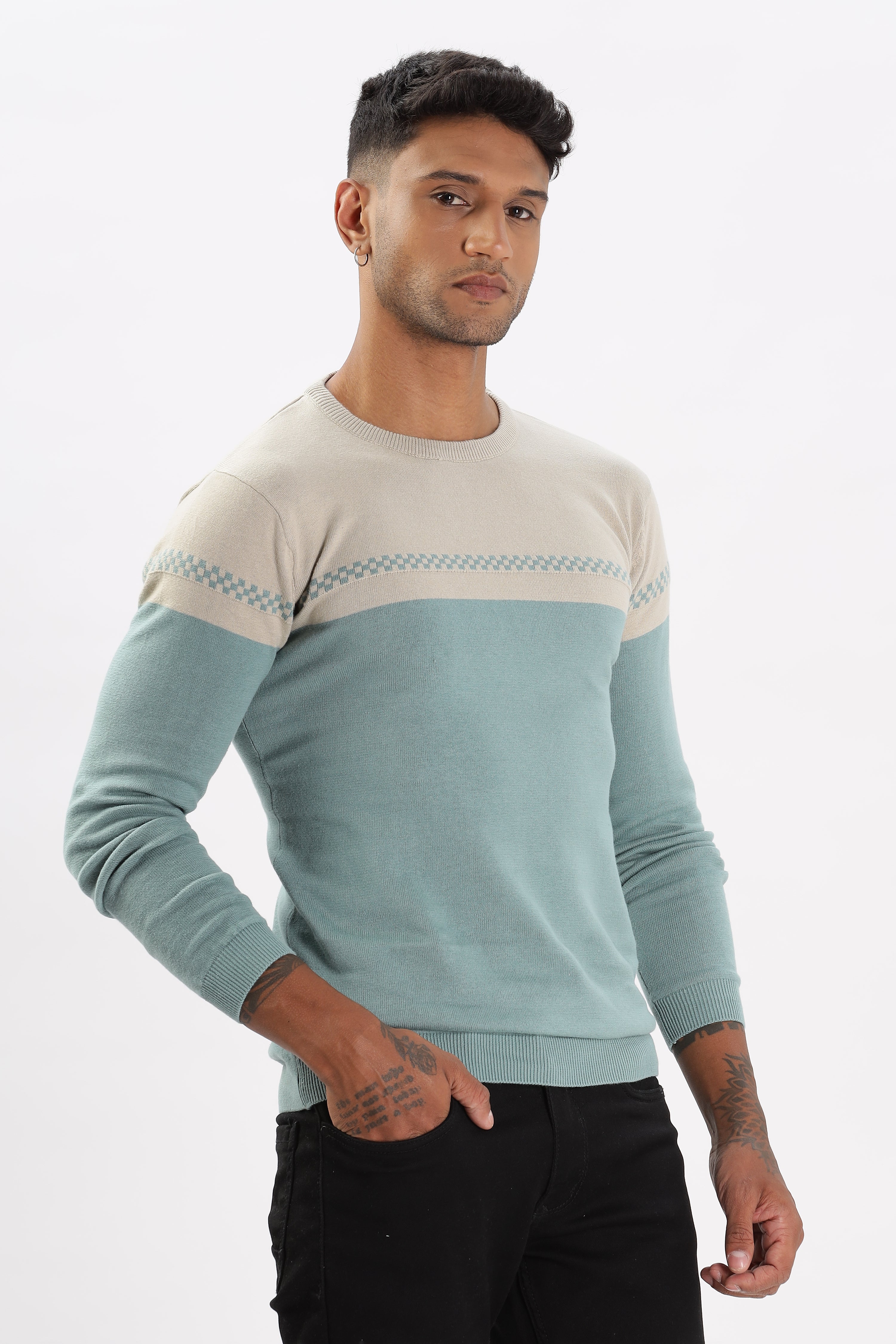 Color Hunt Men's Grey-Sea Green Full Sleeve Regular Fit Flat Knit