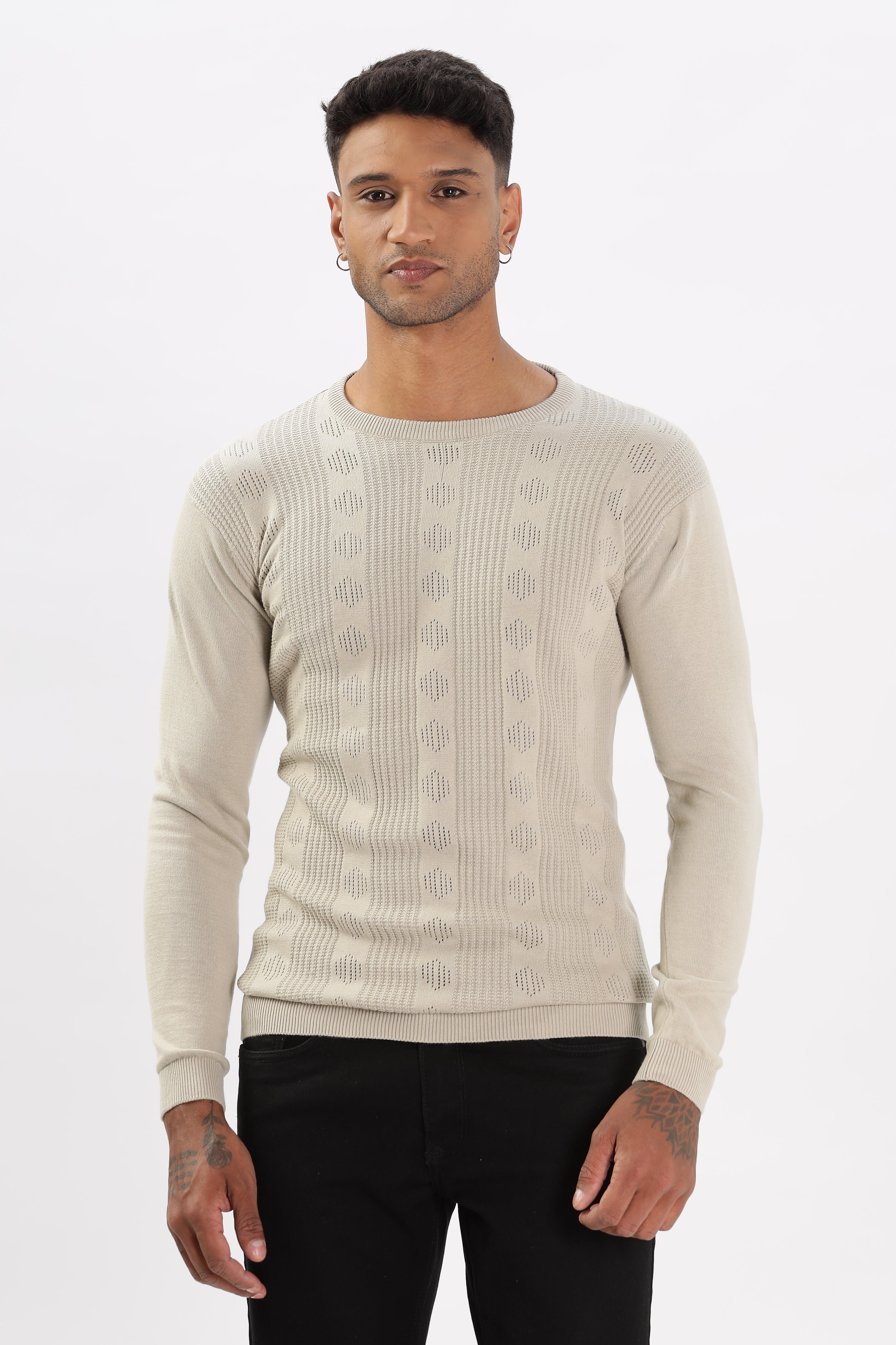 Color Hunt Men's Skin/Cream Full Sleeve Regular Fit Flat Knit