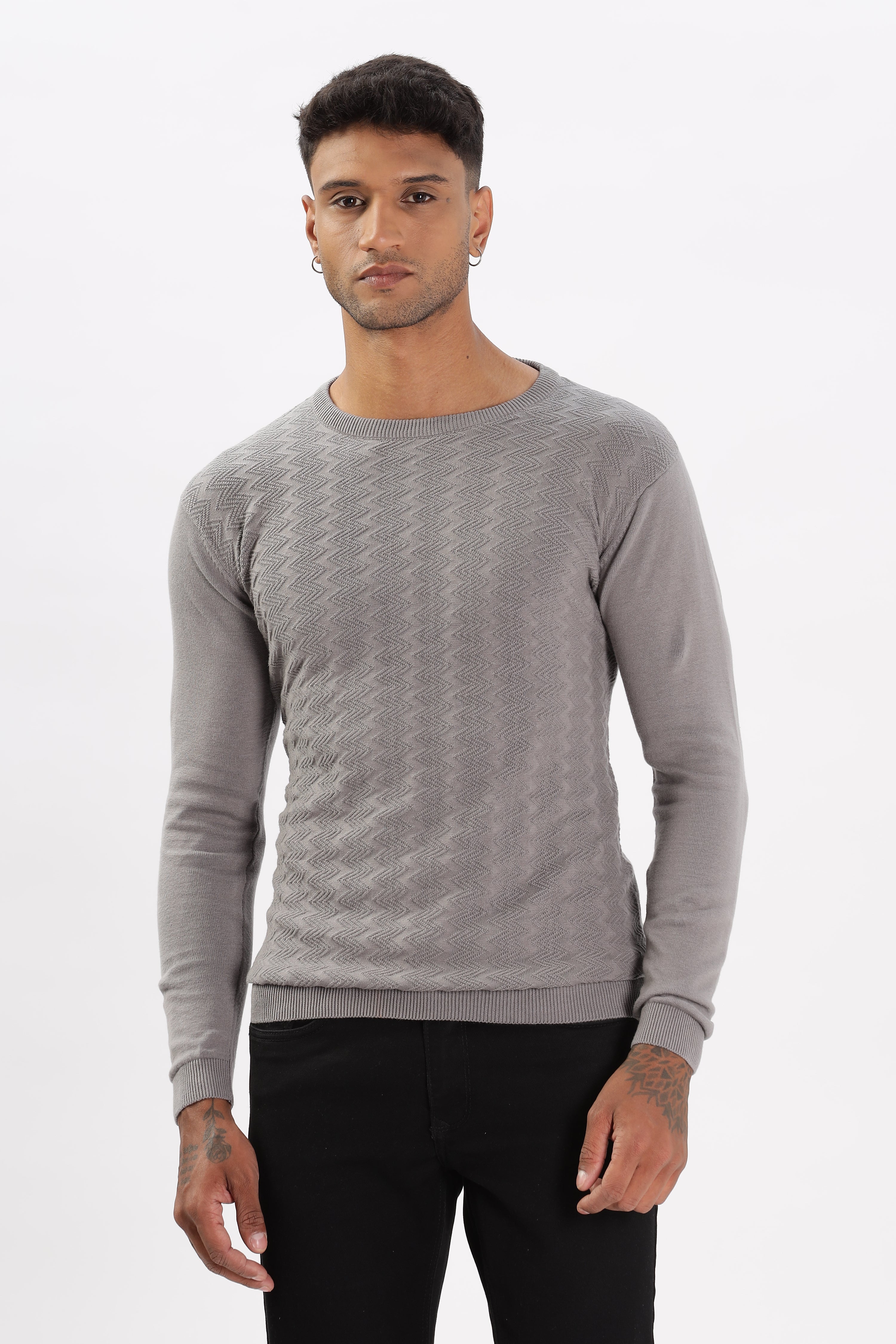 Color Hunt Men's Grey Full Sleeve Regular Fit Flat Knit