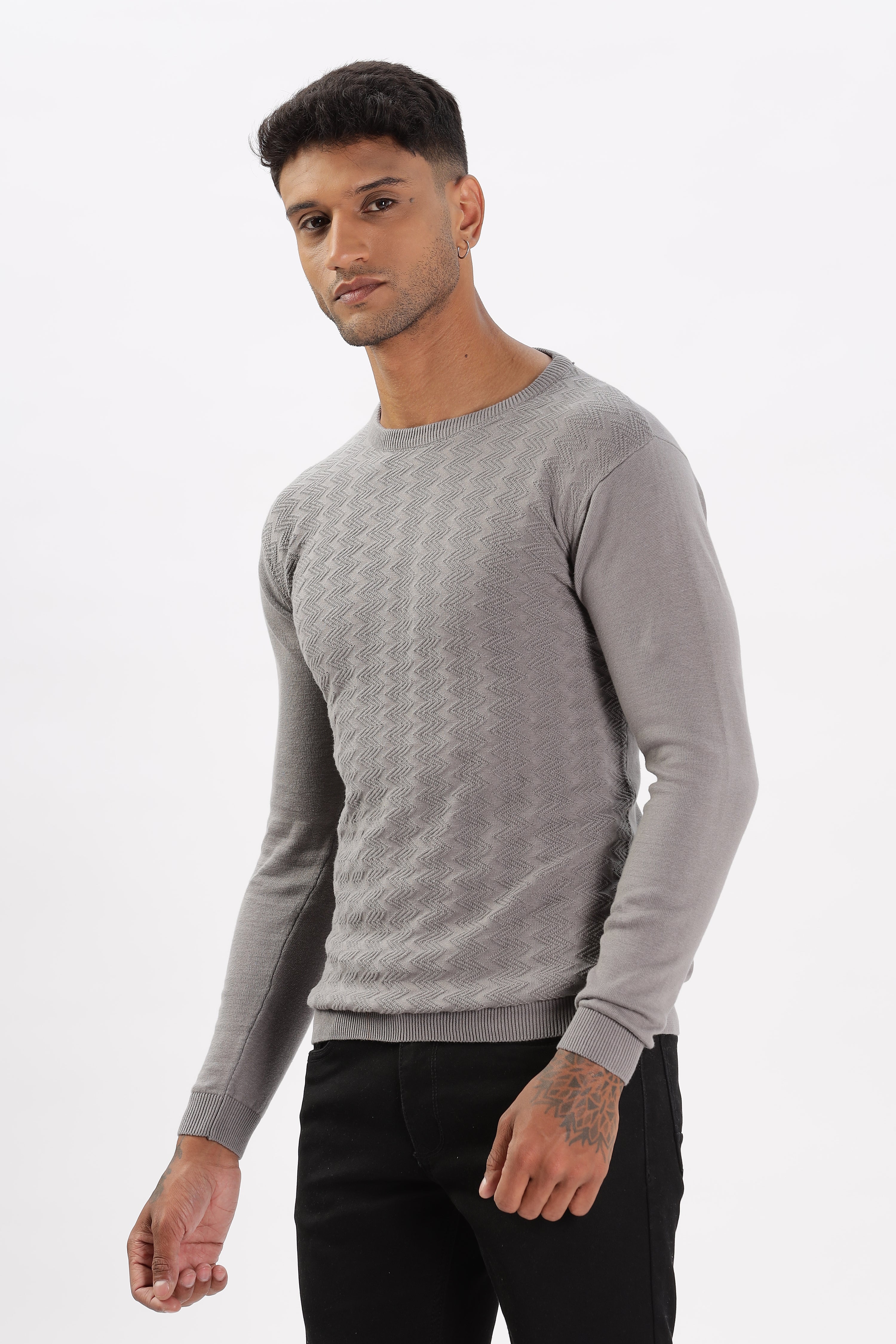 Color Hunt Men's Grey Full Sleeve Regular Fit Flat Knit