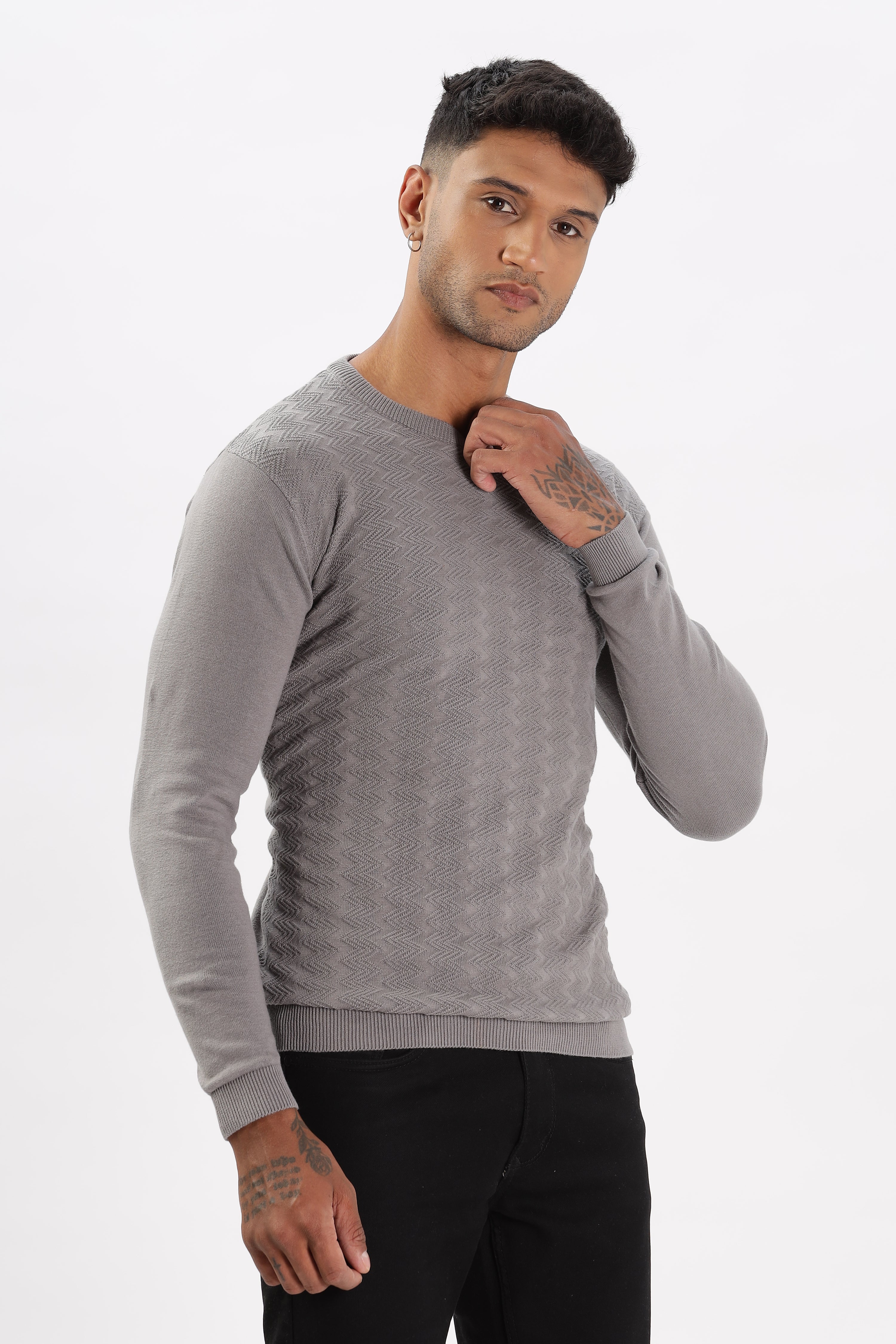 Color Hunt Men's Grey Full Sleeve Regular Fit Flat Knit