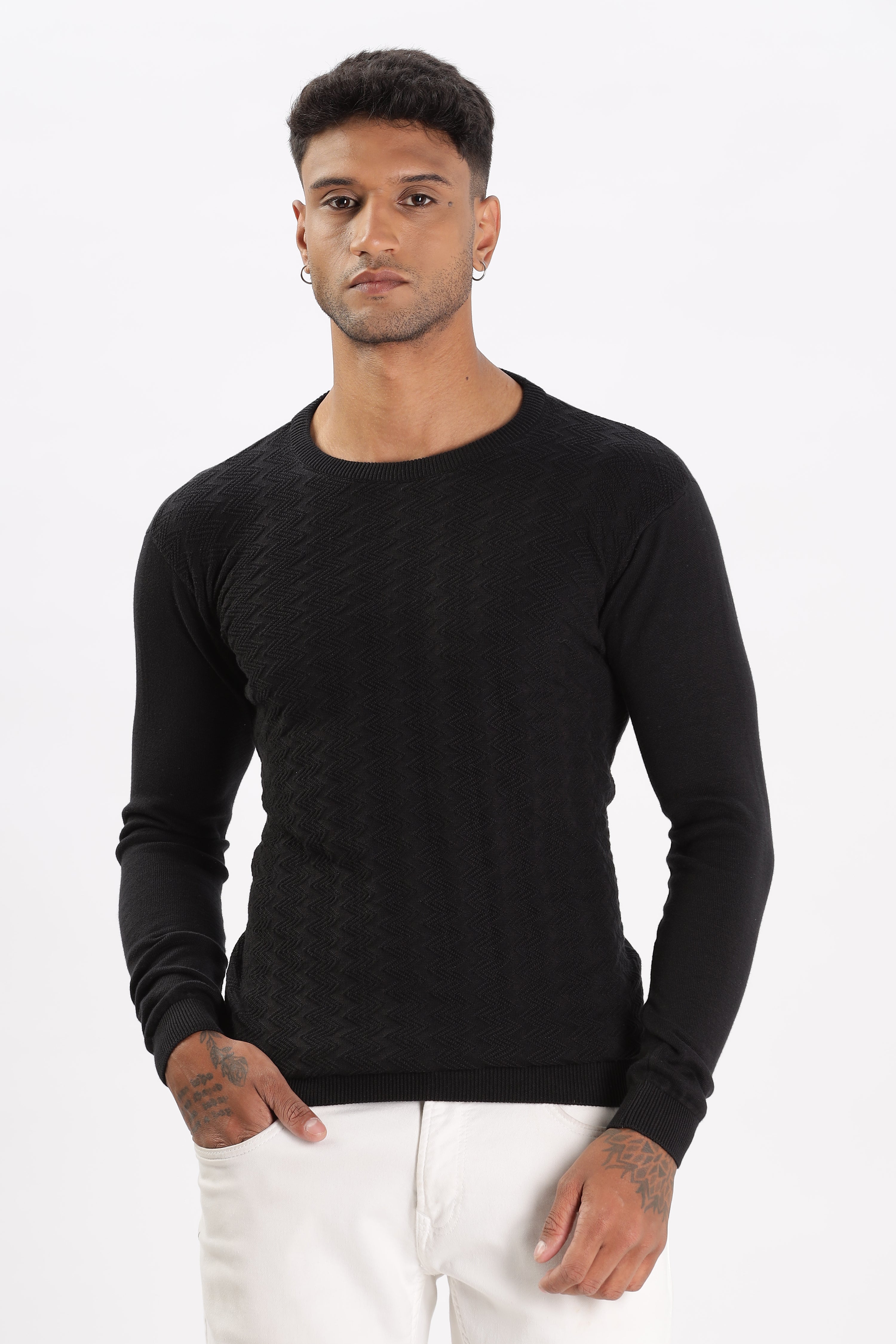 Color Hunt Men's Black Full Sleeve Regular Fit Flat Knit