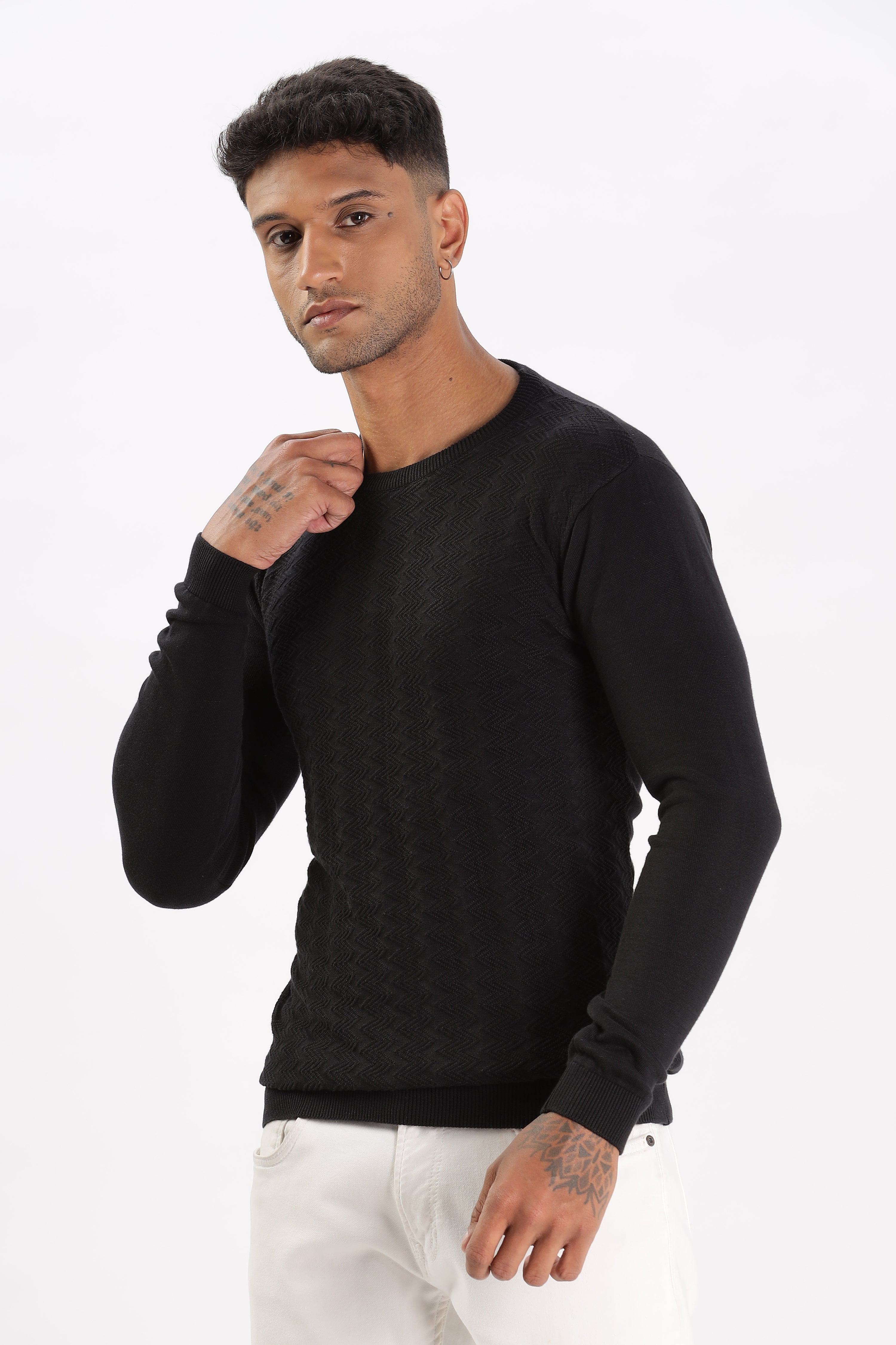 Color Hunt Men's Black Full Sleeve Regular Fit Flat Knit