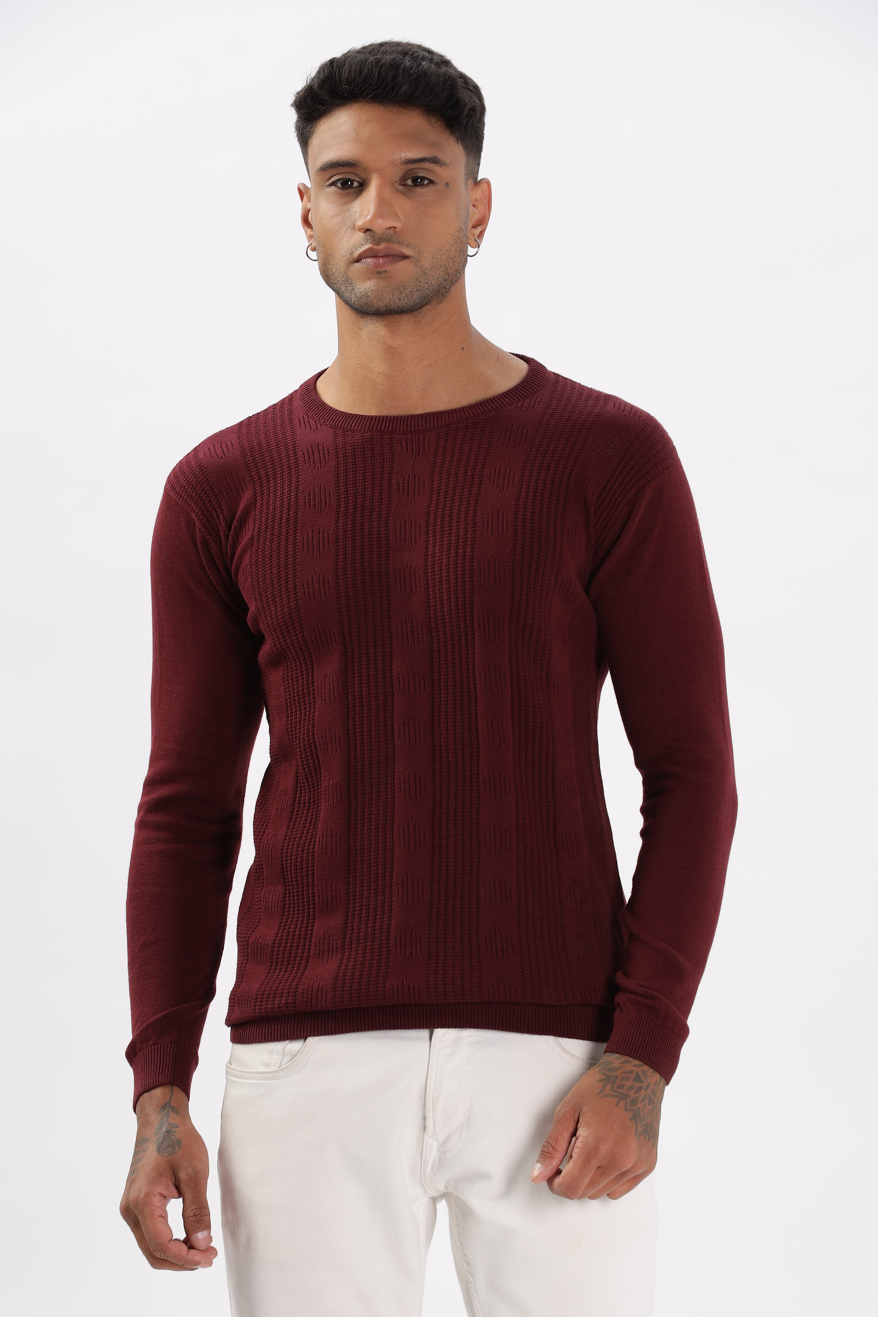 Color Hunt Men's Maroon Full Sleeve Regular Fit Flat Knit