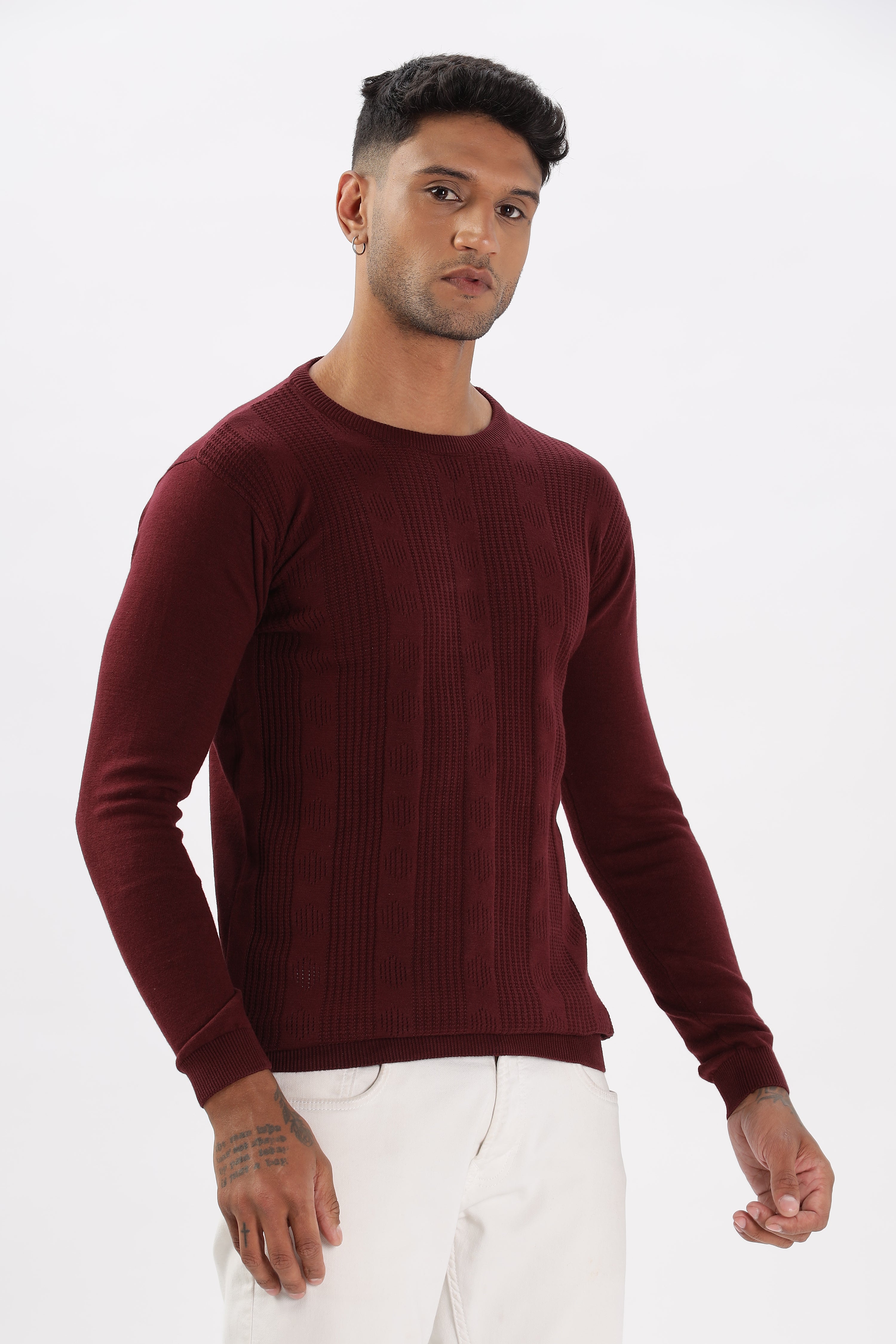 Color Hunt Men's Maroon Full Sleeve Regular Fit Flat Knit