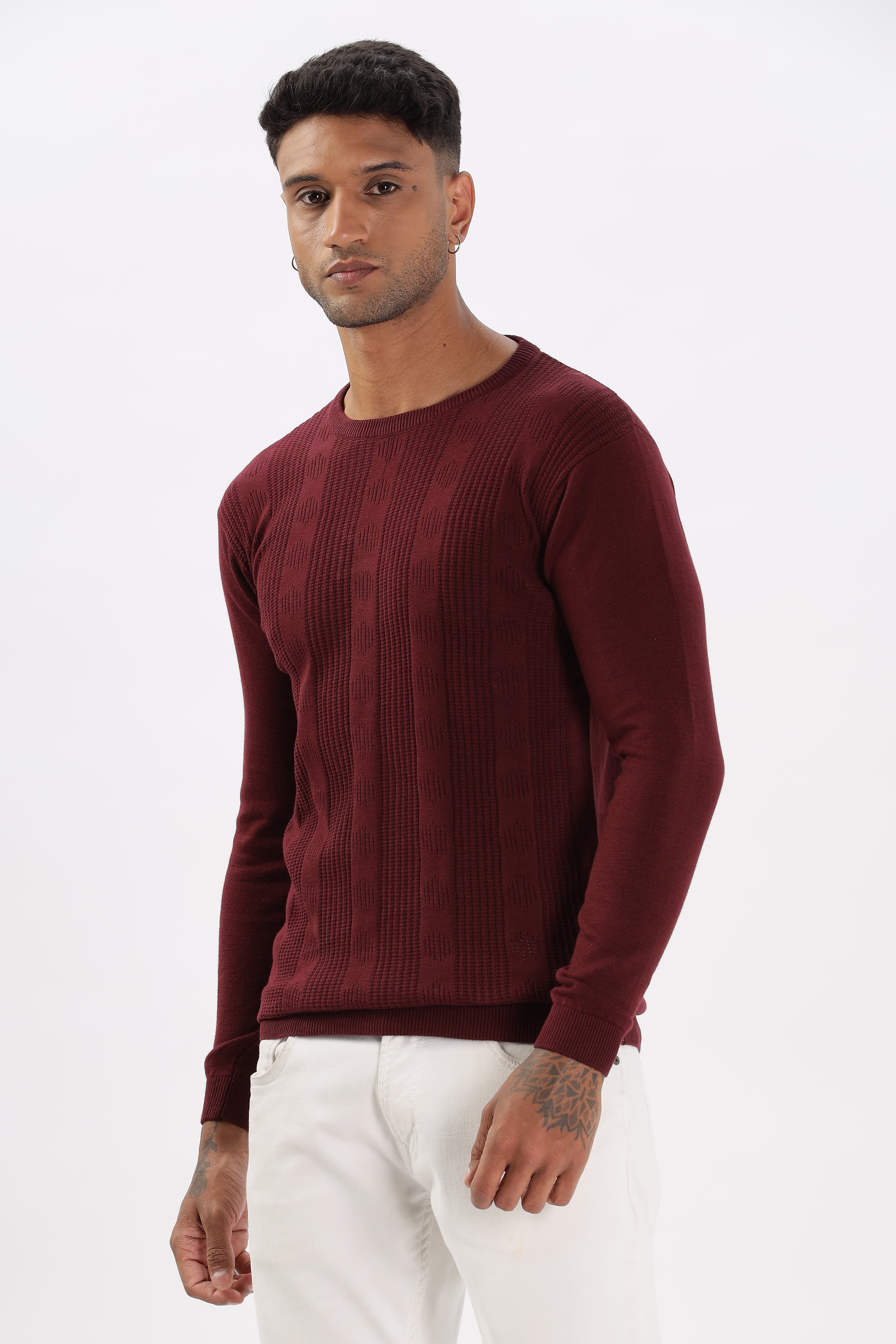 Color Hunt Men's Maroon Full Sleeve Regular Fit Flat Knit