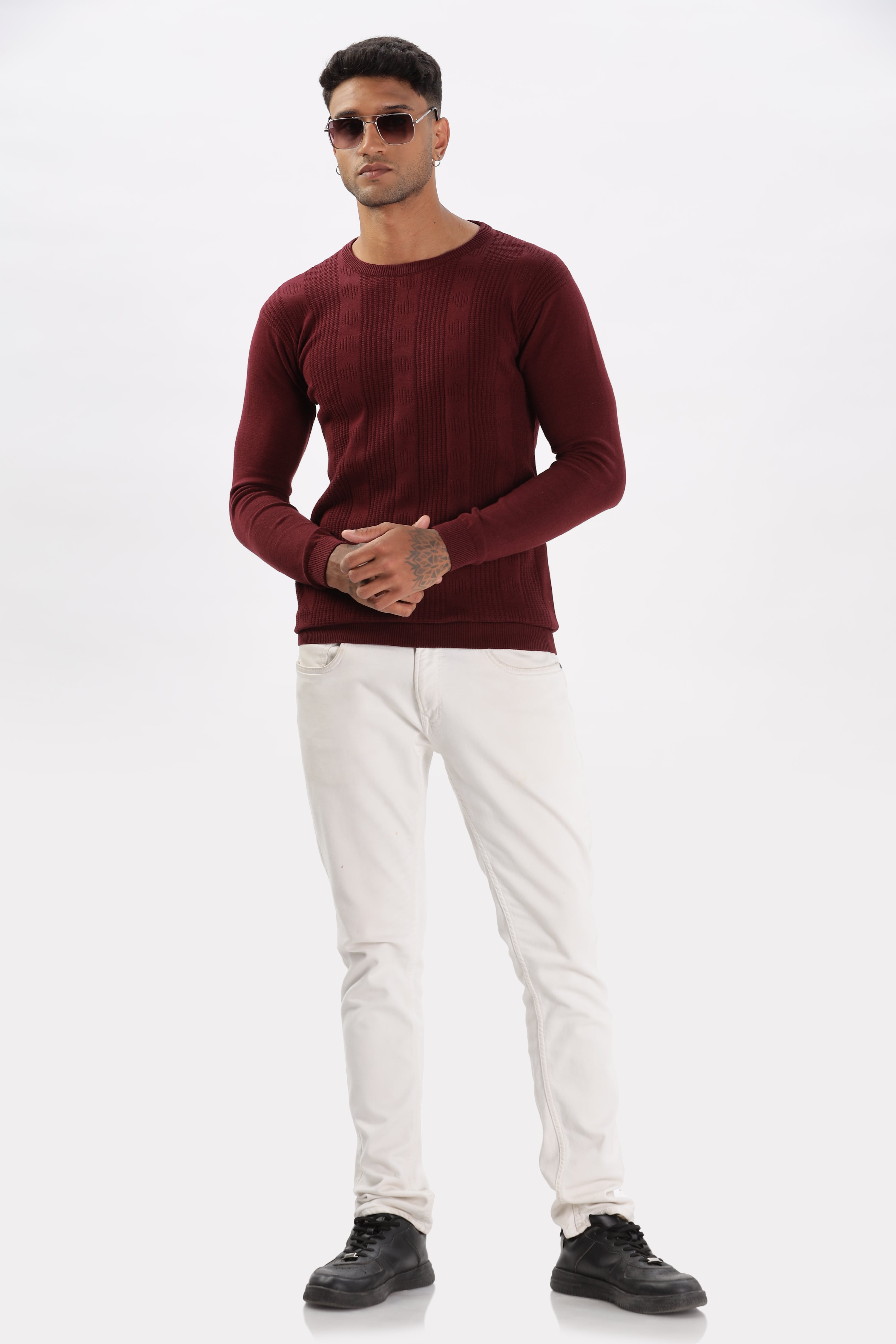 Color Hunt Men's Maroon Full Sleeve Regular Fit Flat Knit