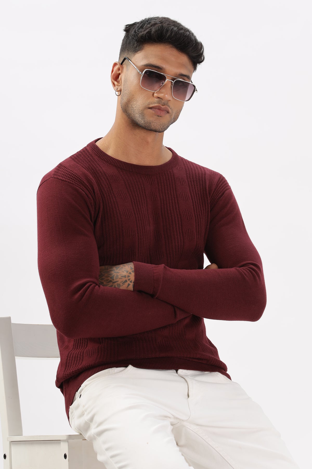 Color Hunt Men's Maroon Full Sleeve Regular Fit Flat Knit