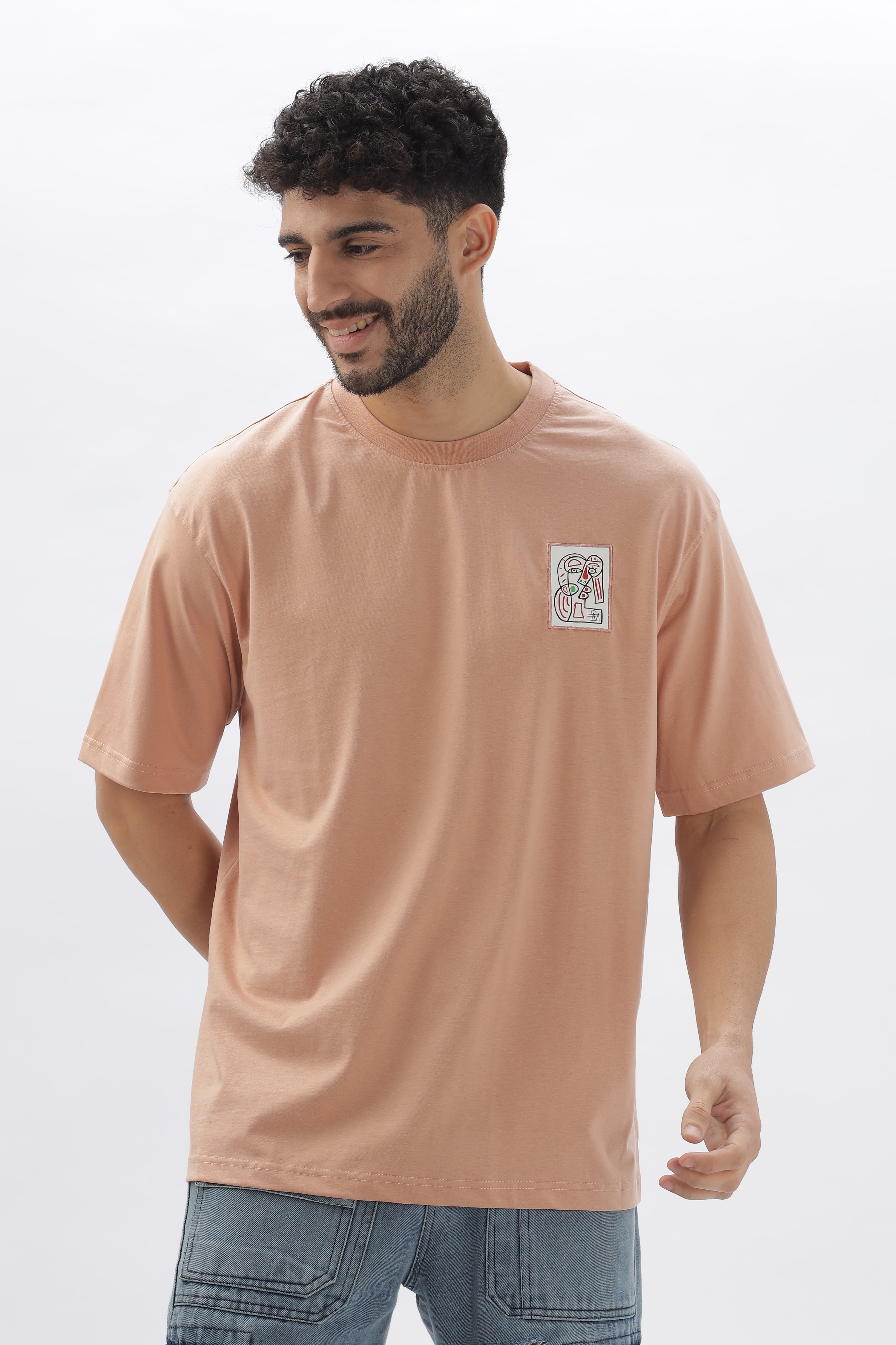 Color Hunt Men's Cotton Peach Half Sleeve Printed Oversize T-shirt - Colorhunt