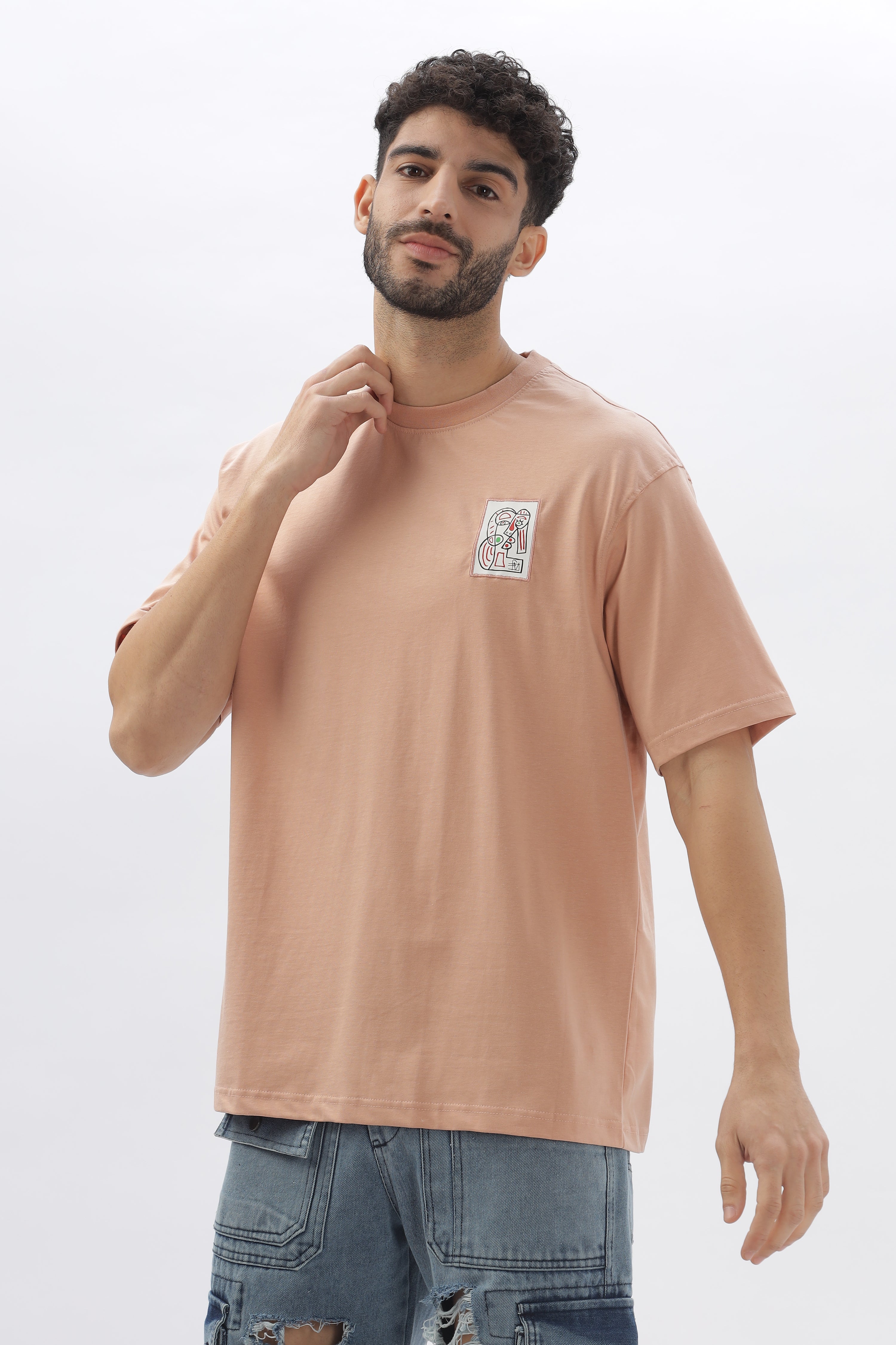 Color Hunt Men's Cotton Peach Half Sleeve Printed Oversize T-shirt - Colorhunt