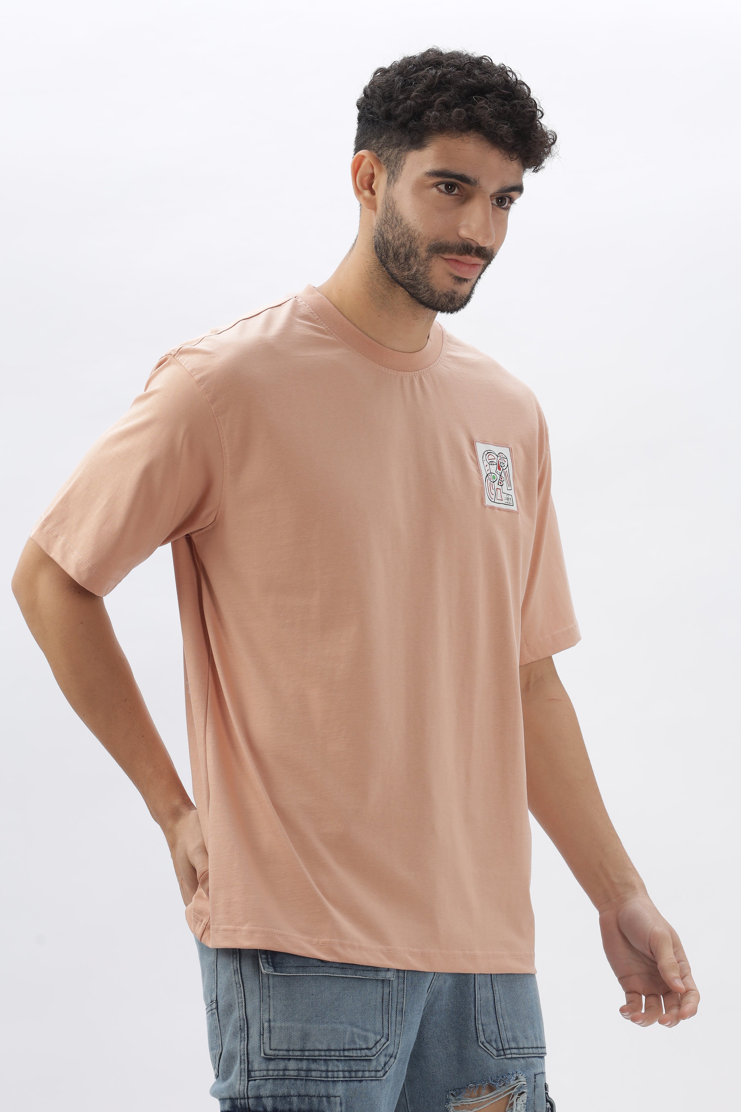 Color Hunt Men's Cotton Peach Half Sleeve Printed Oversize T-shirt - Colorhunt