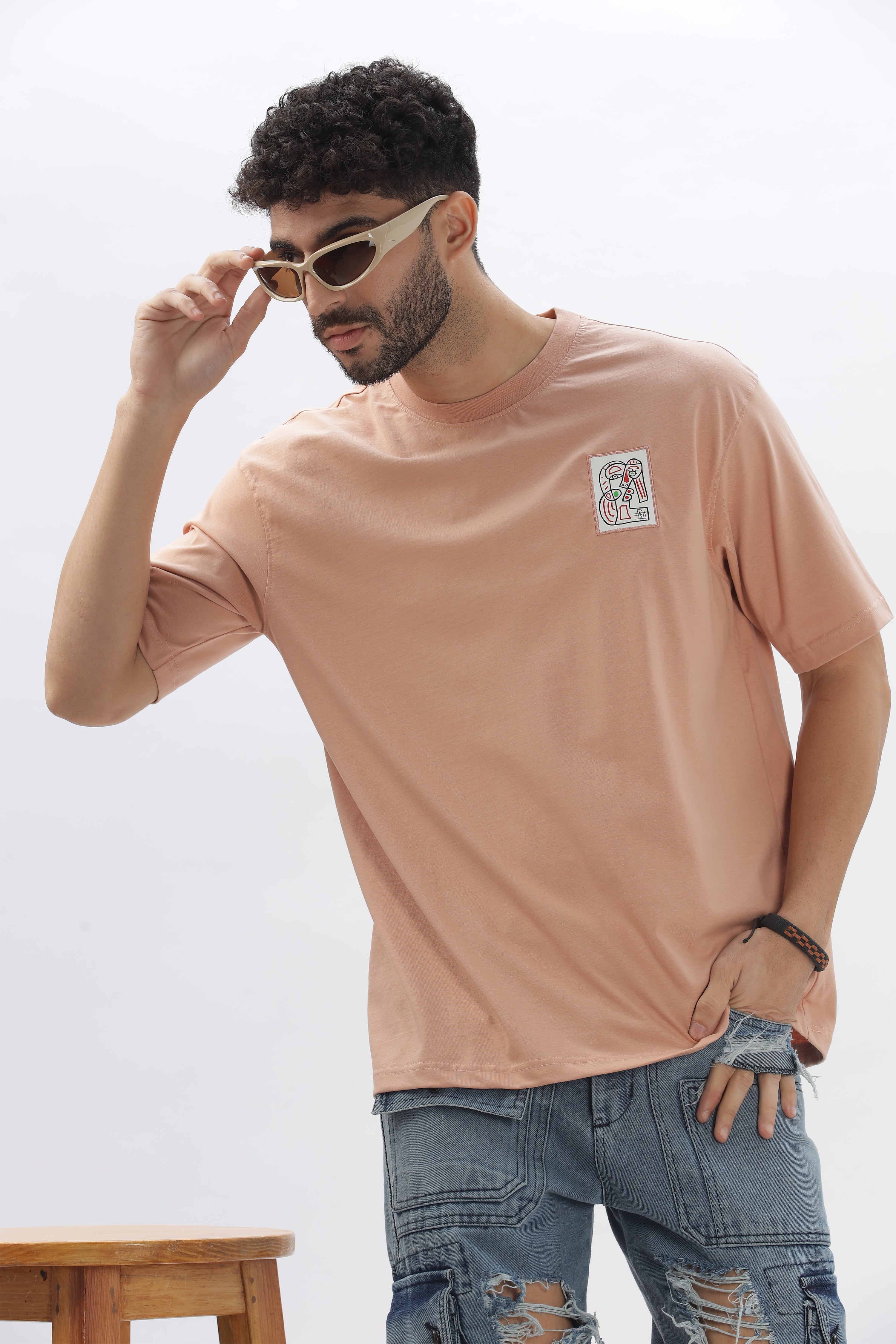 Color Hunt Men's Cotton Peach Half Sleeve Printed Oversize T-shirt - Colorhunt