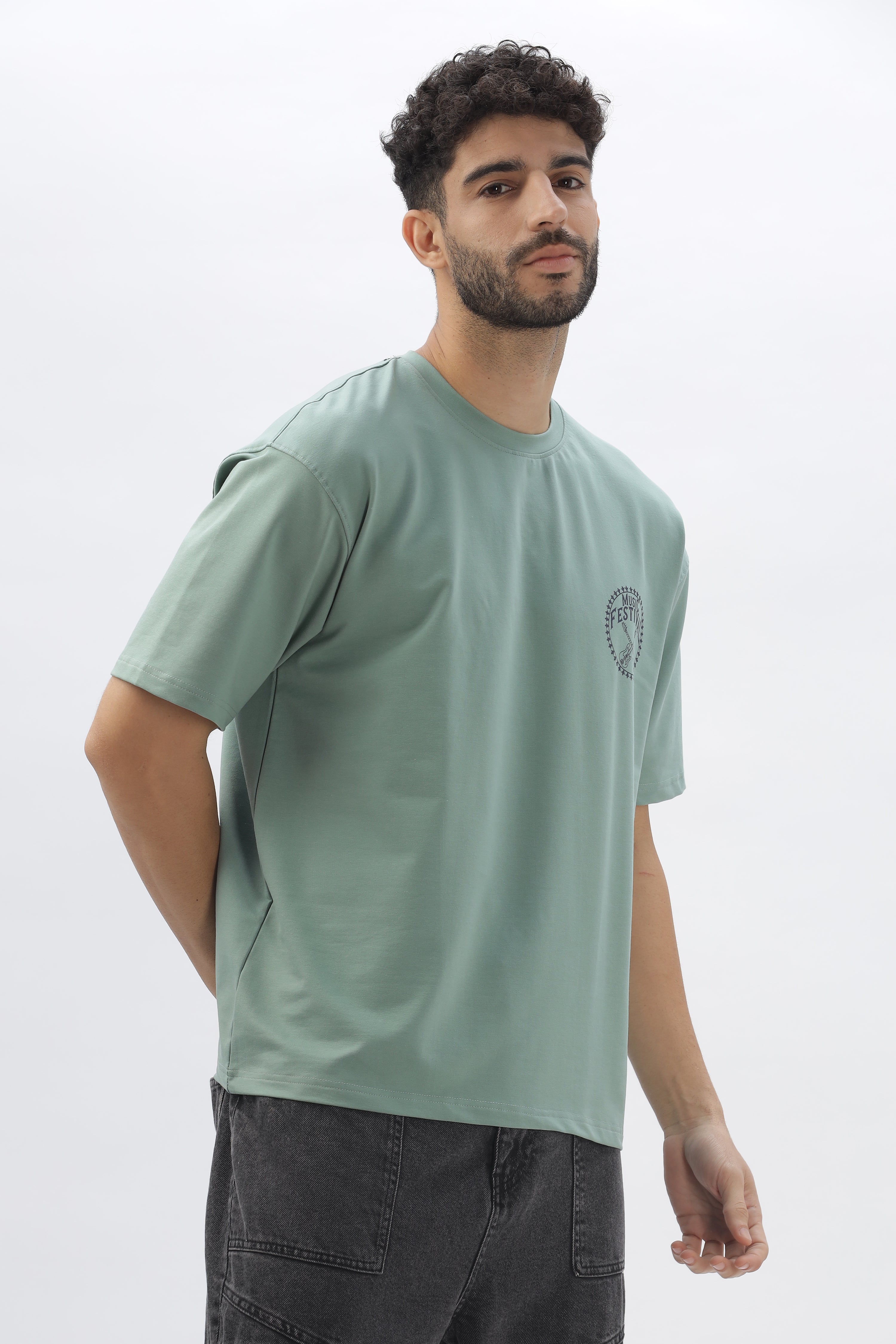 Color Hunt Men's Cotton Sea Green Half Sleeve Printed Oversize T-shirt - Colorhunt