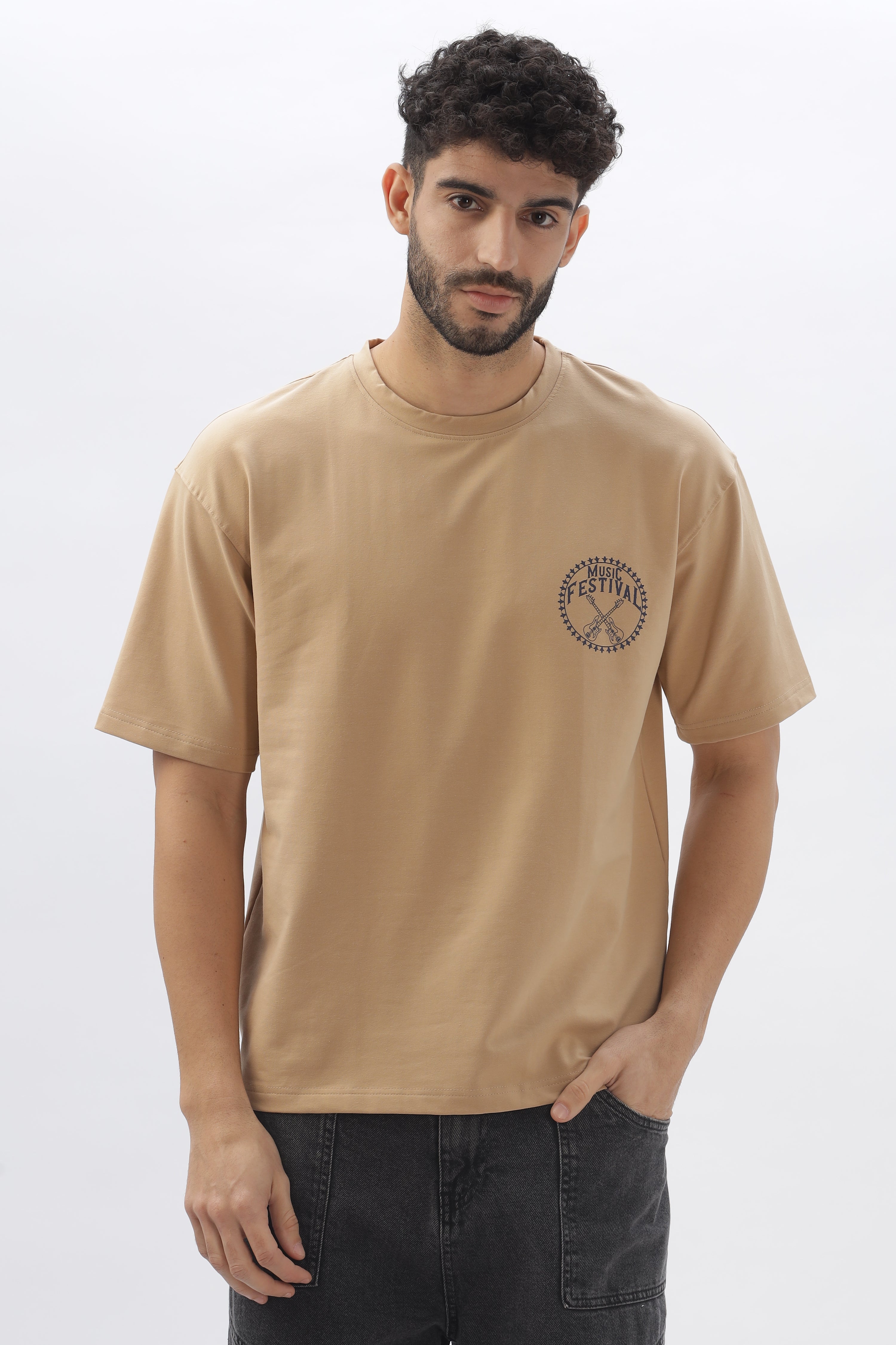 Color Hunt Men's Cotton Light Brown Half Sleeve Printed Oversize T-shirt - Colorhunt