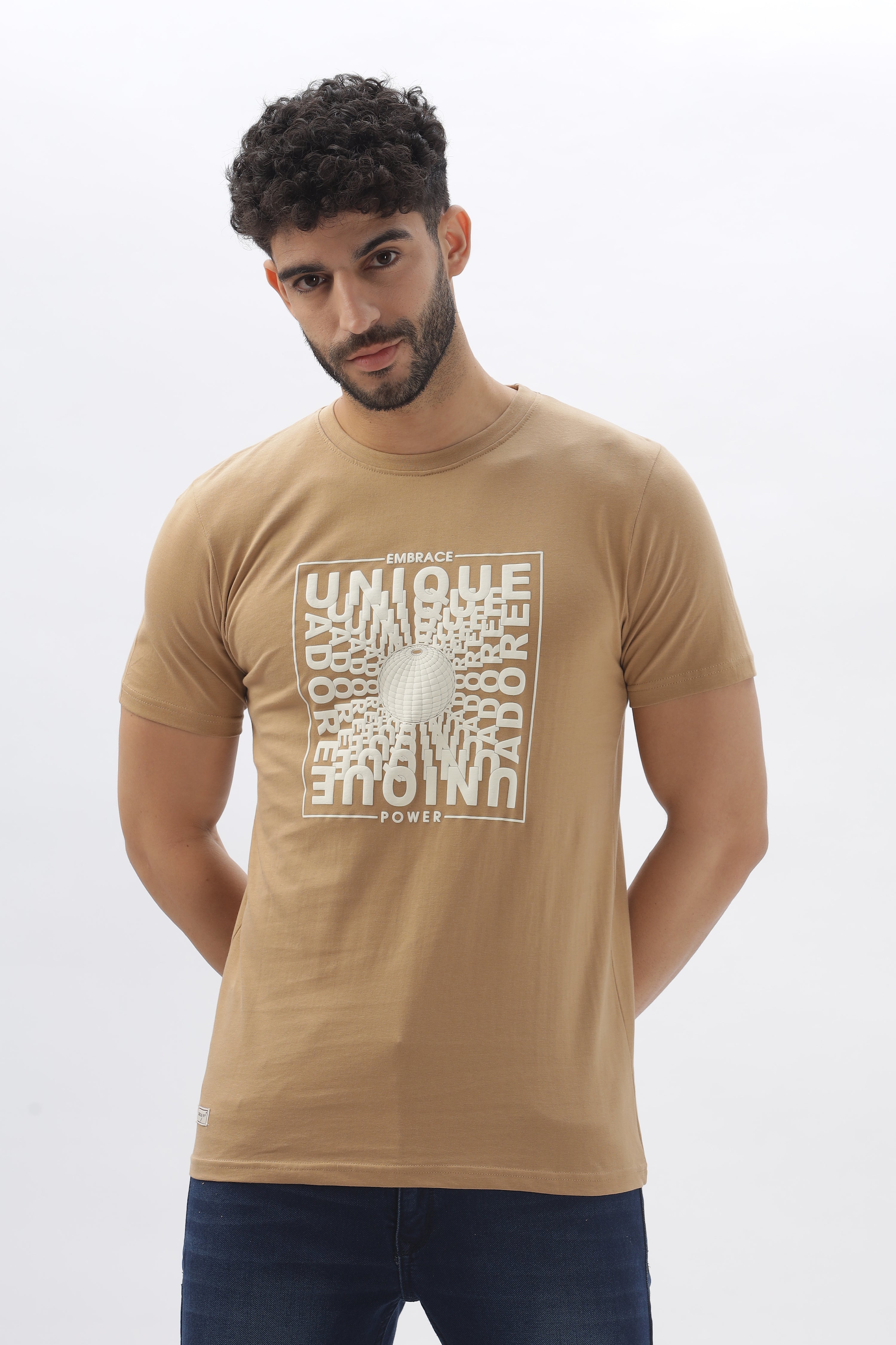 Color Hunt Men's Cotton Beige Half Sleeve Printed Regular Tshirt - Colorhunt