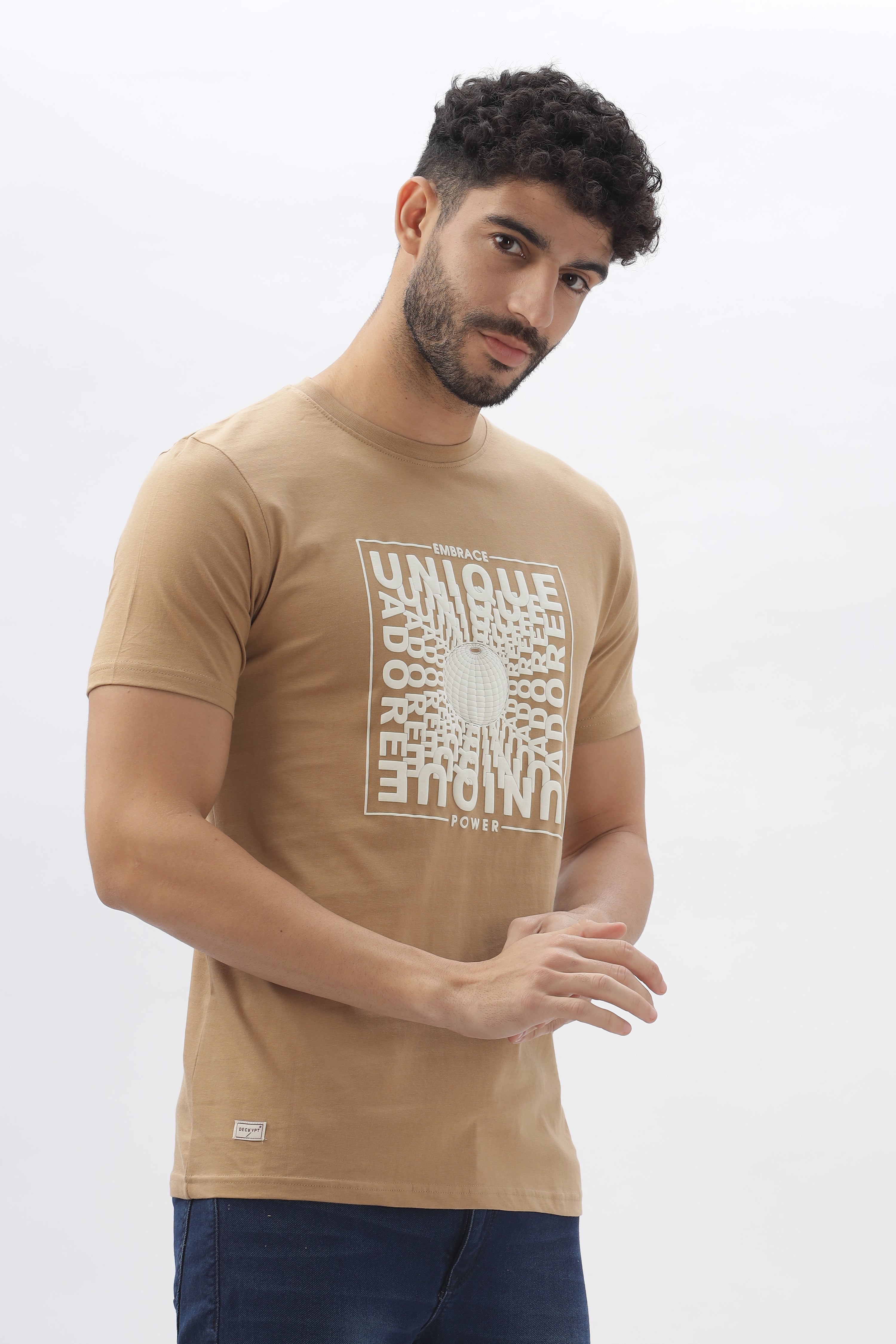 Color Hunt Men's Cotton Beige Half Sleeve Printed Regular Tshirt - Colorhunt