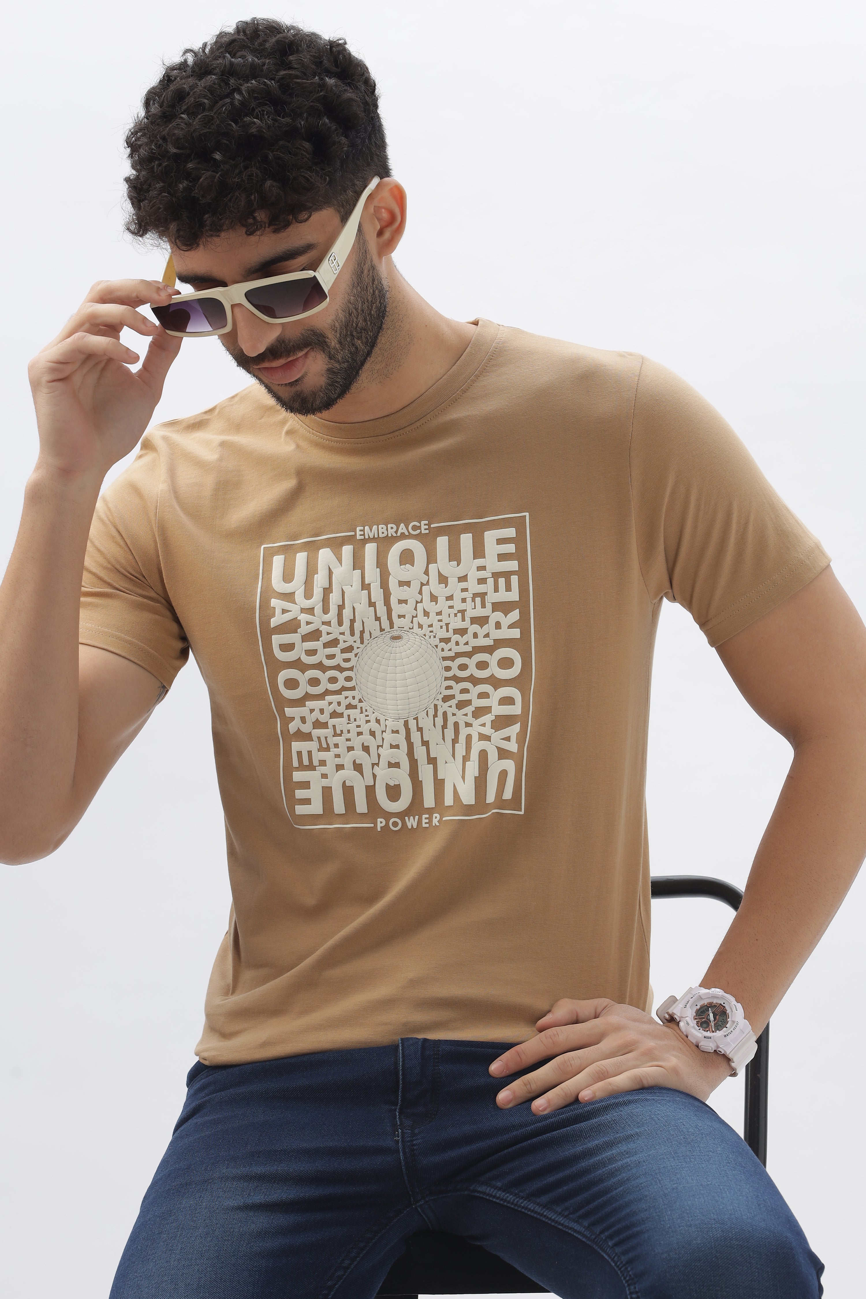 Color Hunt Men's Cotton Beige Half Sleeve Printed Regular Tshirt - Colorhunt